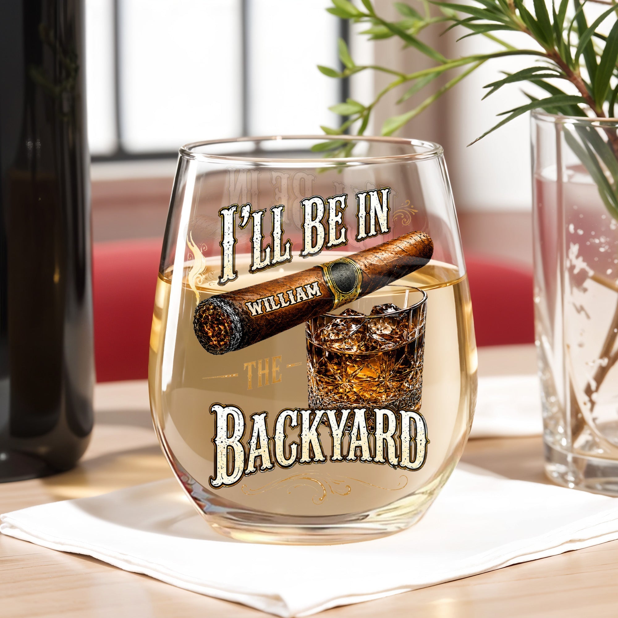 Personalized Stemless Wine Glass Custom Name Cigar Whiskey Gift for Men