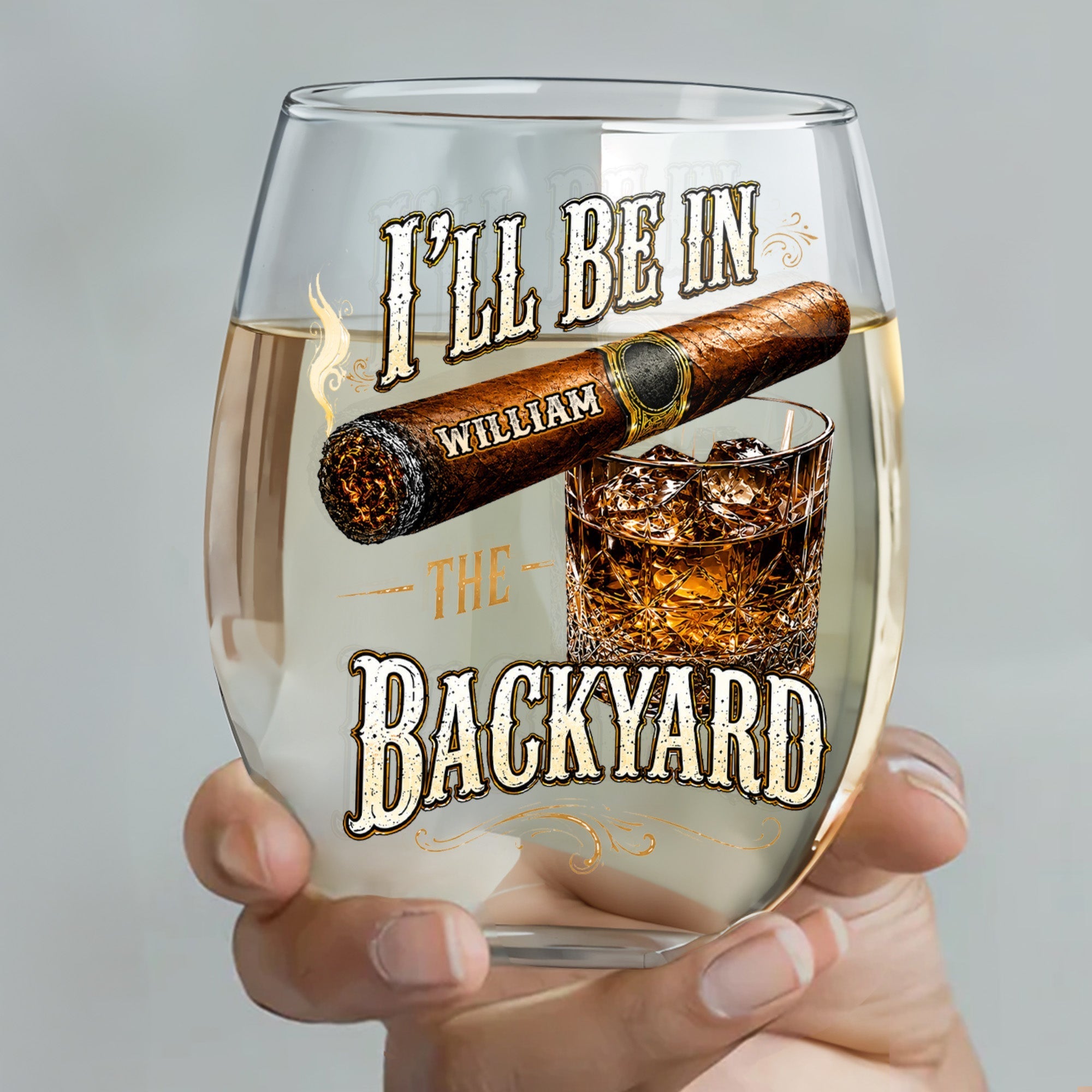 Personalized Stemless Wine Glass Custom Name Cigar Whiskey Gift for Men