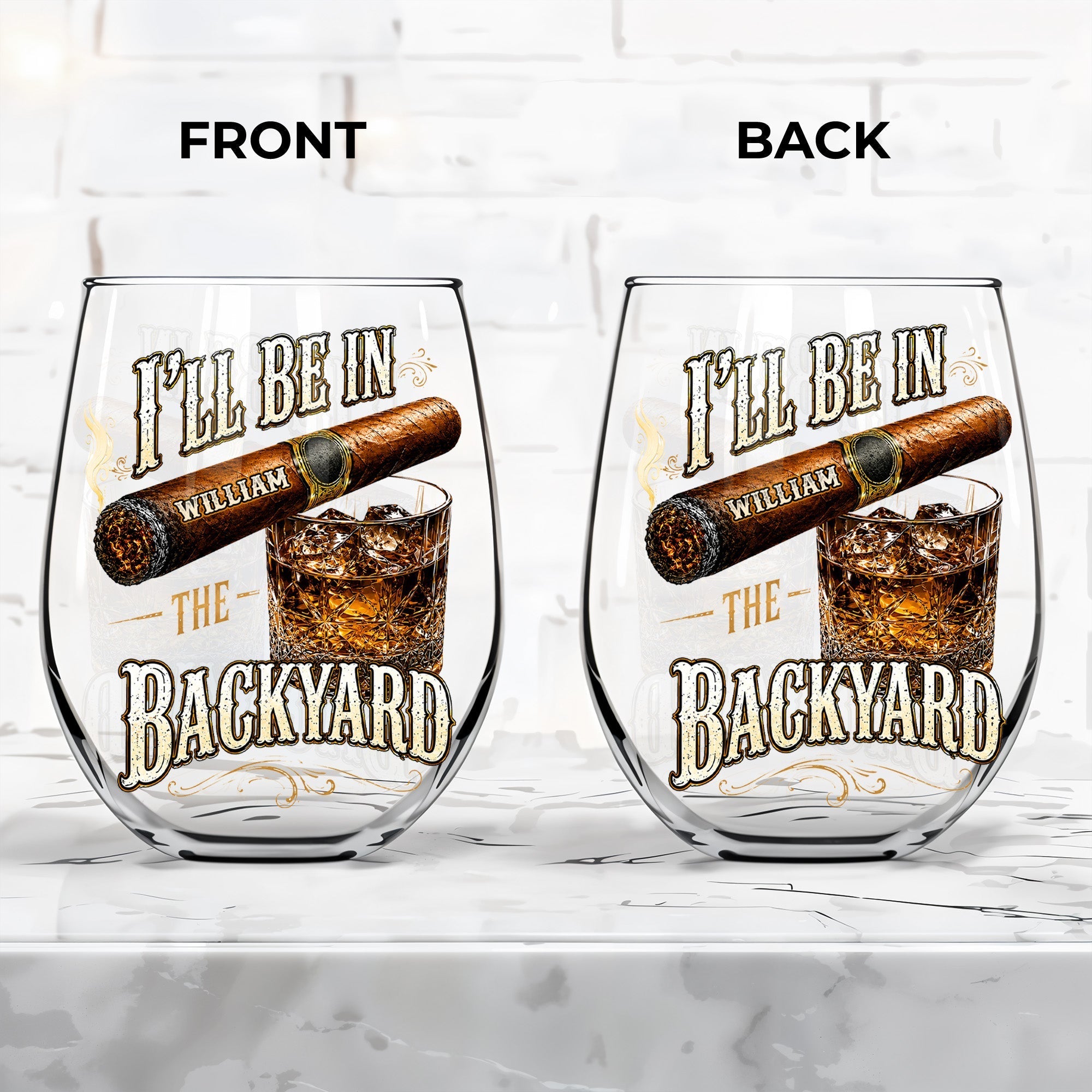 Personalized Stemless Wine Glass Custom Name Cigar Whiskey Gift for Men