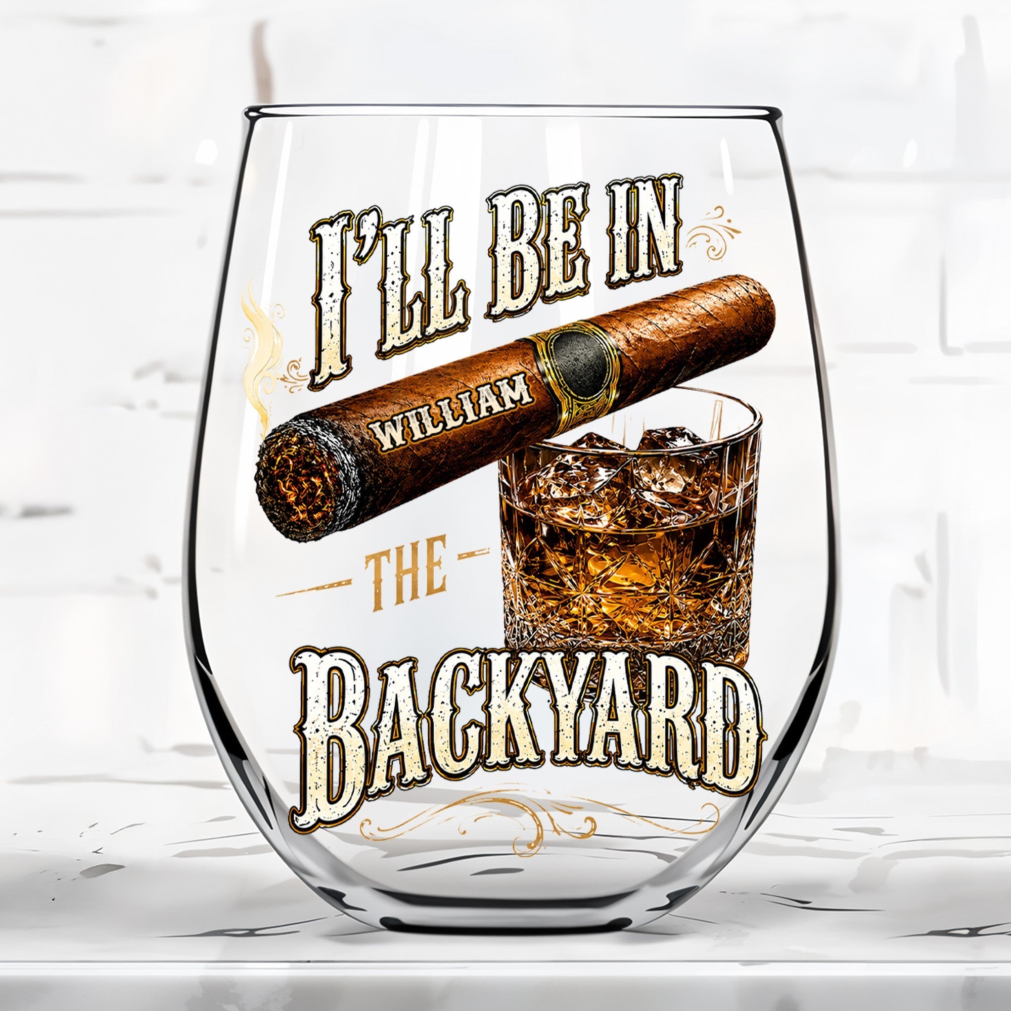 Personalized Stemless Wine Glass Custom Name Cigar Whiskey Gift for Men