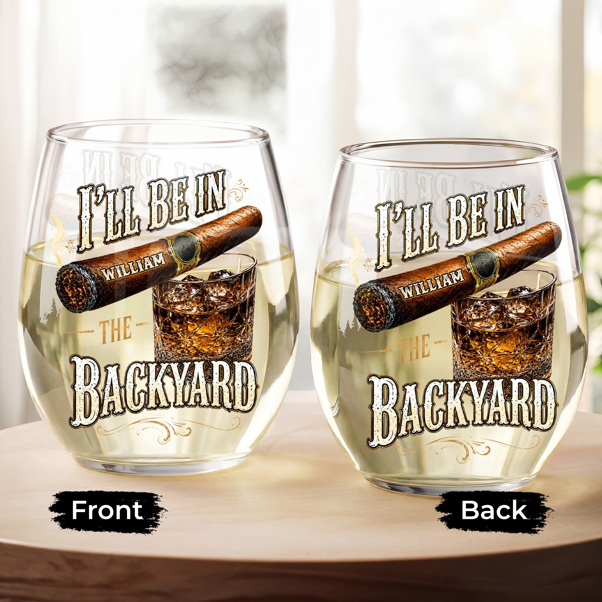 Personalized Stemless Wine Glass Custom Name Cigar Whiskey Gift for Men