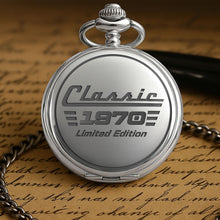 Load image into Gallery viewer, Personalized Silver Plated Pocket Watch Custom Birth Year Gift for Dad
