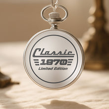 Load image into Gallery viewer, Personalized Silver Plated Pocket Watch Custom Birth Year Gift for Dad
