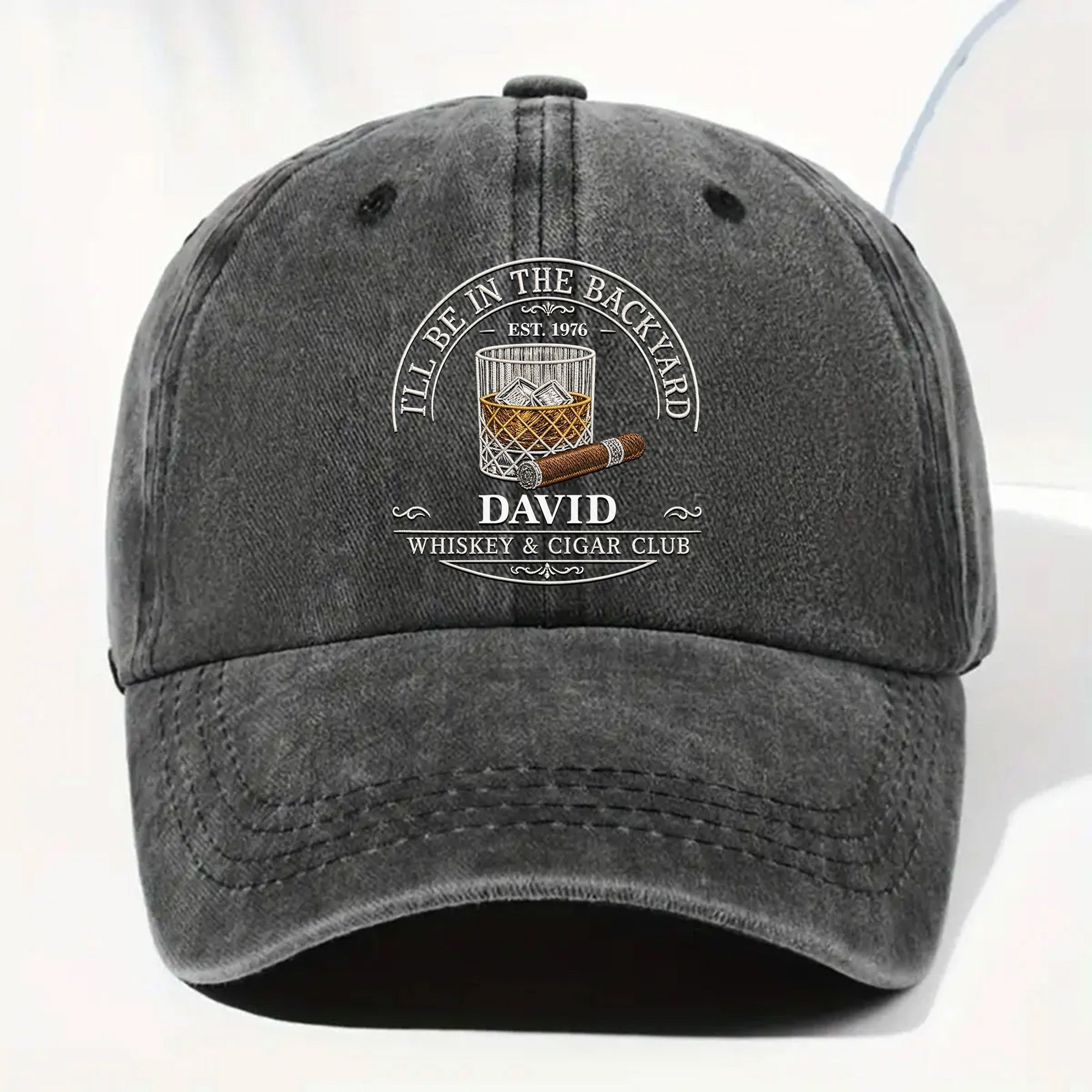 Personalized Washed Denim Cap for Him with Cigar Club Design