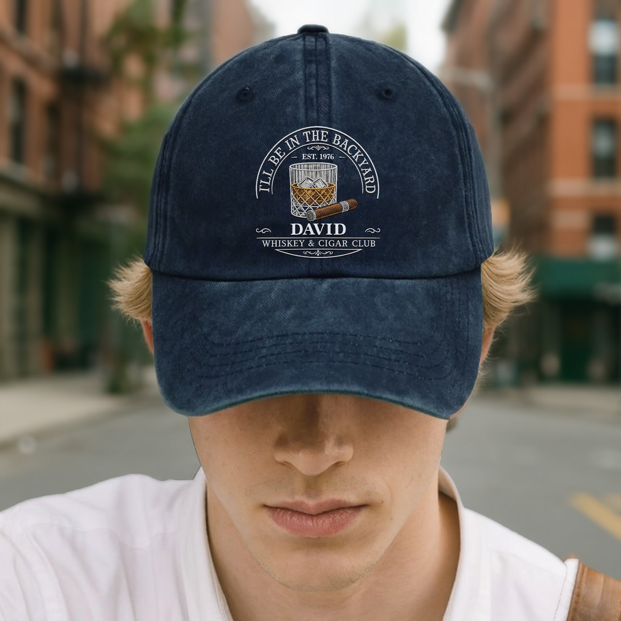 Personalized Washed Denim Cap for Him with Cigar Club Design