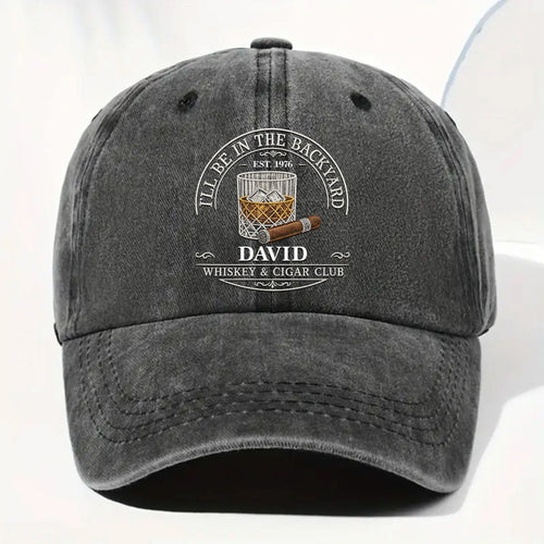 Personalized Washed Denim Cap for Him with Cigar Club Design