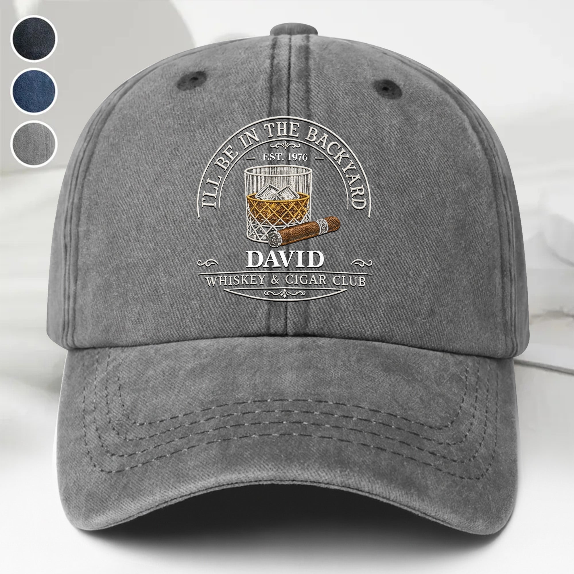 Personalized Washed Denim Cap for Him with Cigar Club Design