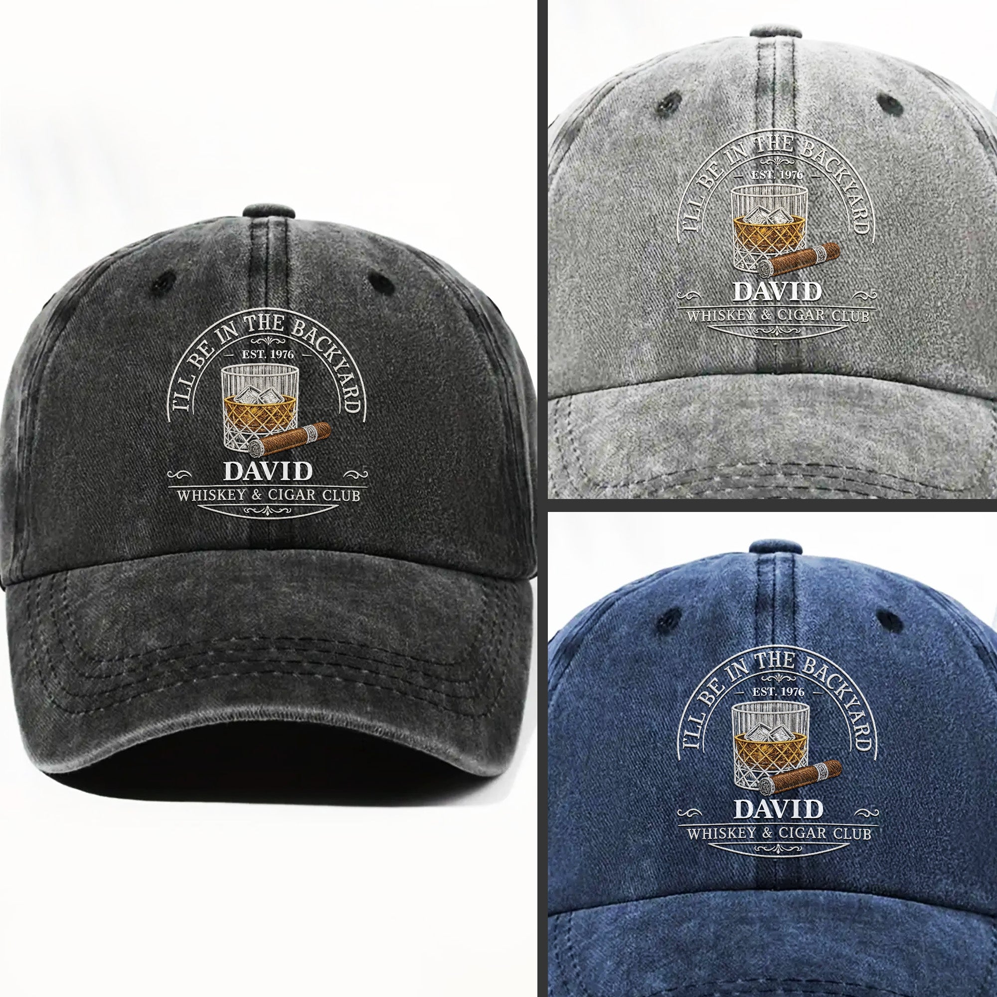 Personalized Washed Denim Cap for Him with Cigar Club Design