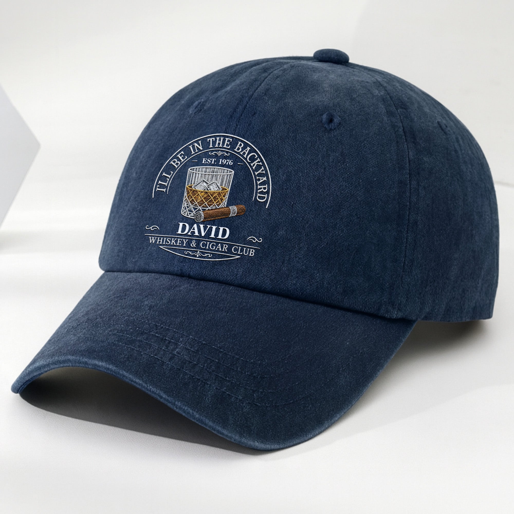 Personalized Washed Denim Cap for Him with Cigar Club Design