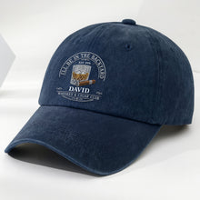 Load image into Gallery viewer, Personalized Washed Denim Cap for Him with Cigar Club Design
