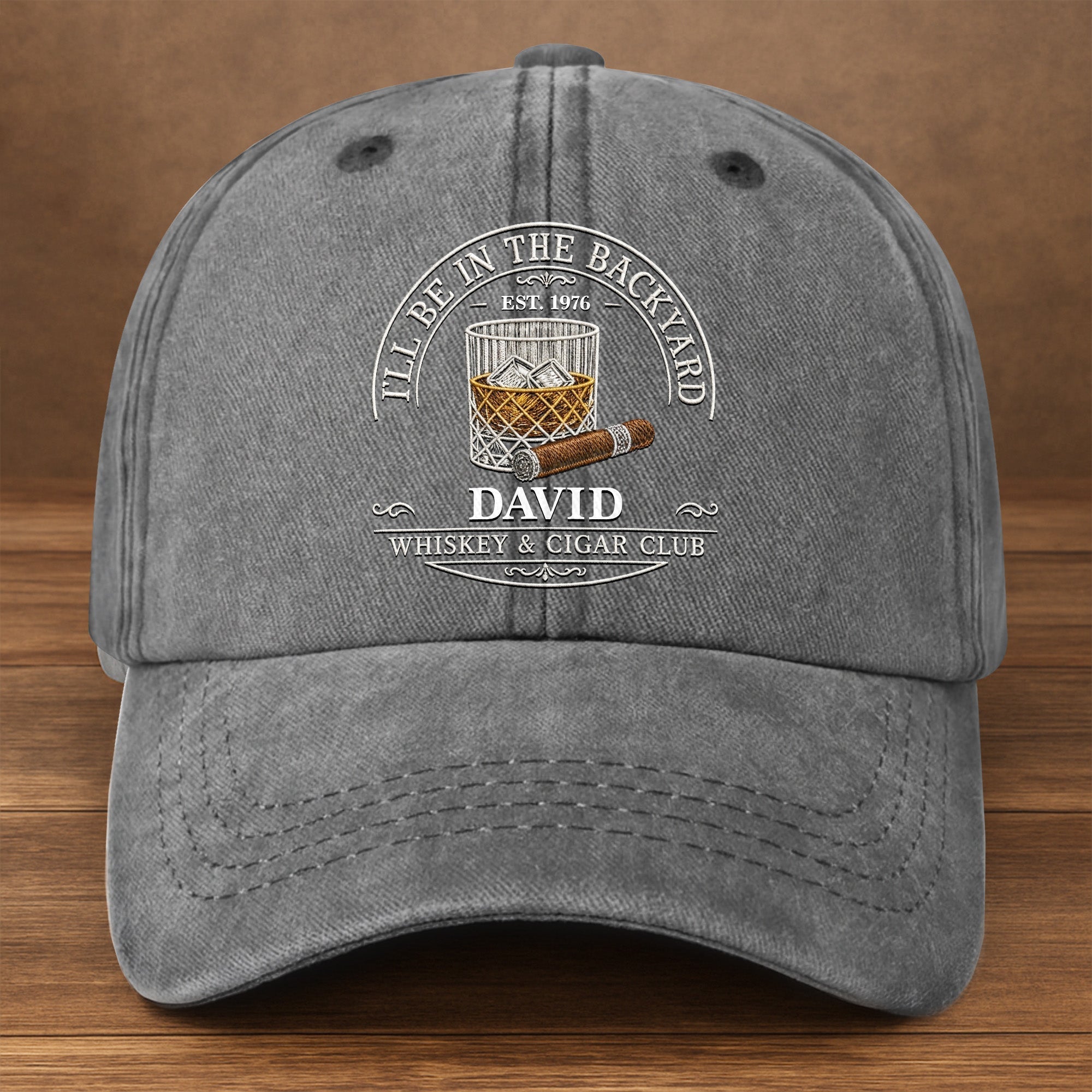 Personalized Washed Denim Cap for Him with Cigar Club Design