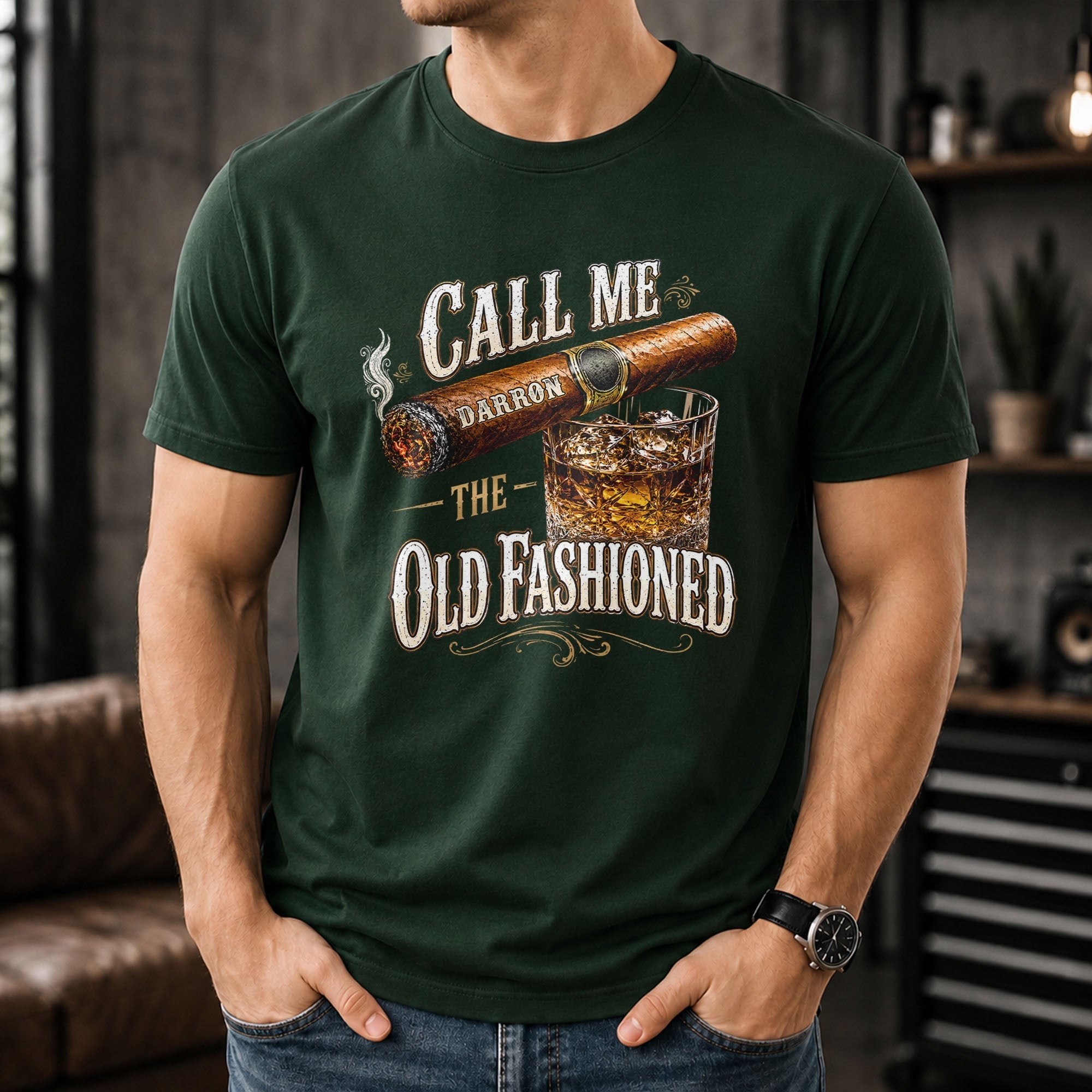Personalized Cigar and Whiskey Glass T-Shirt Hoodie Gift for Him