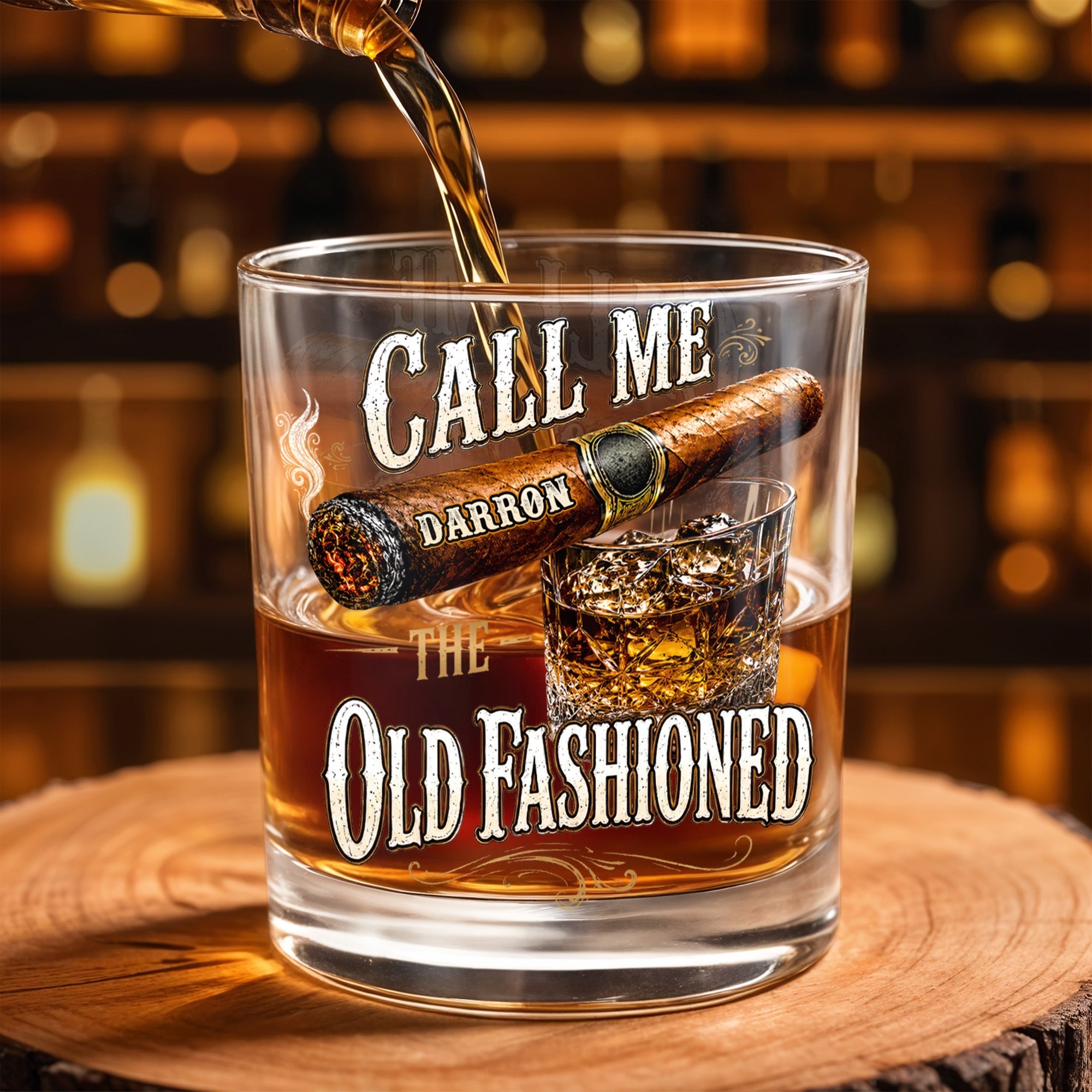 Personalized Custom Whiskey Glass Gift for Dad with Cigar Design