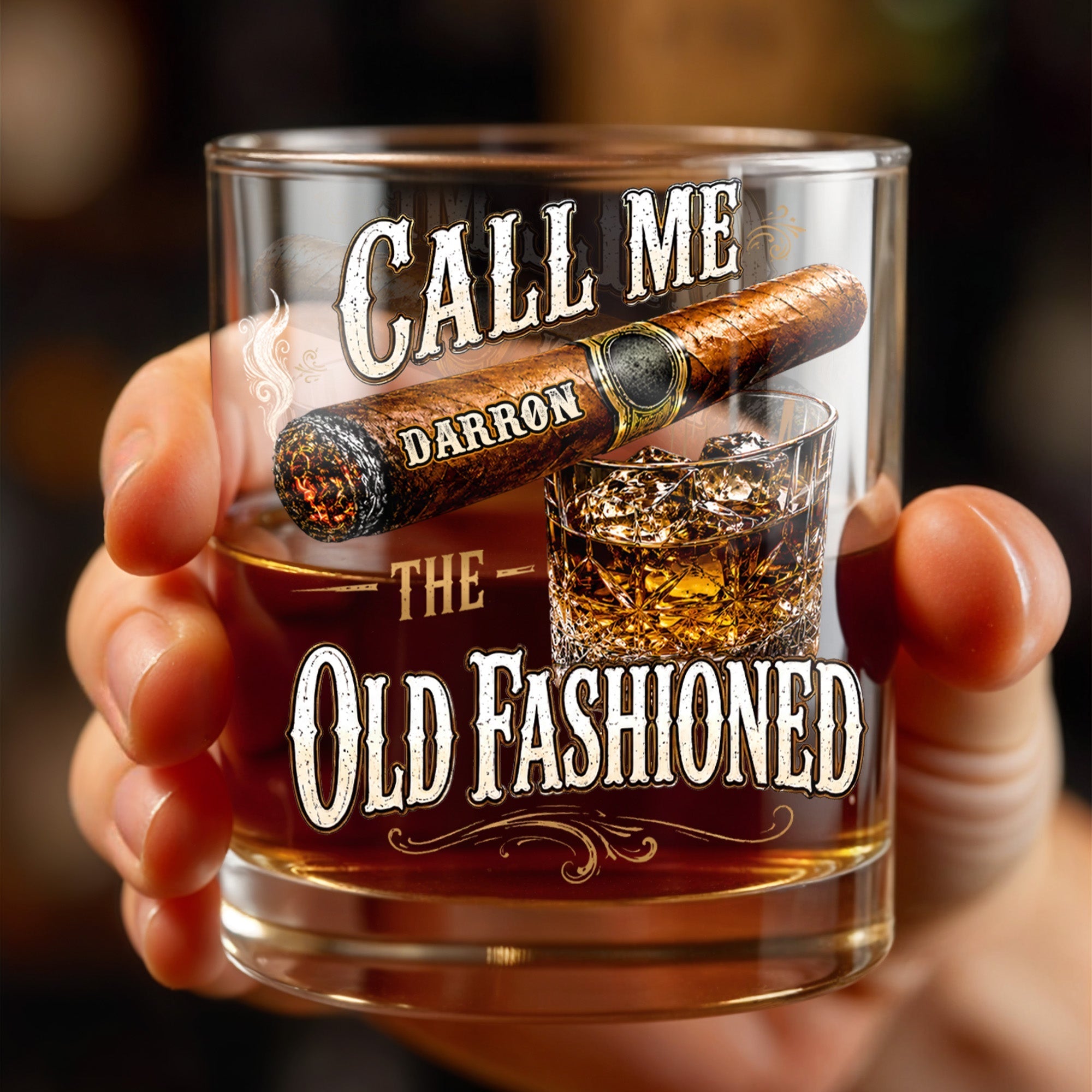 Personalized Custom Whiskey Glass Gift for Dad with Cigar Design
