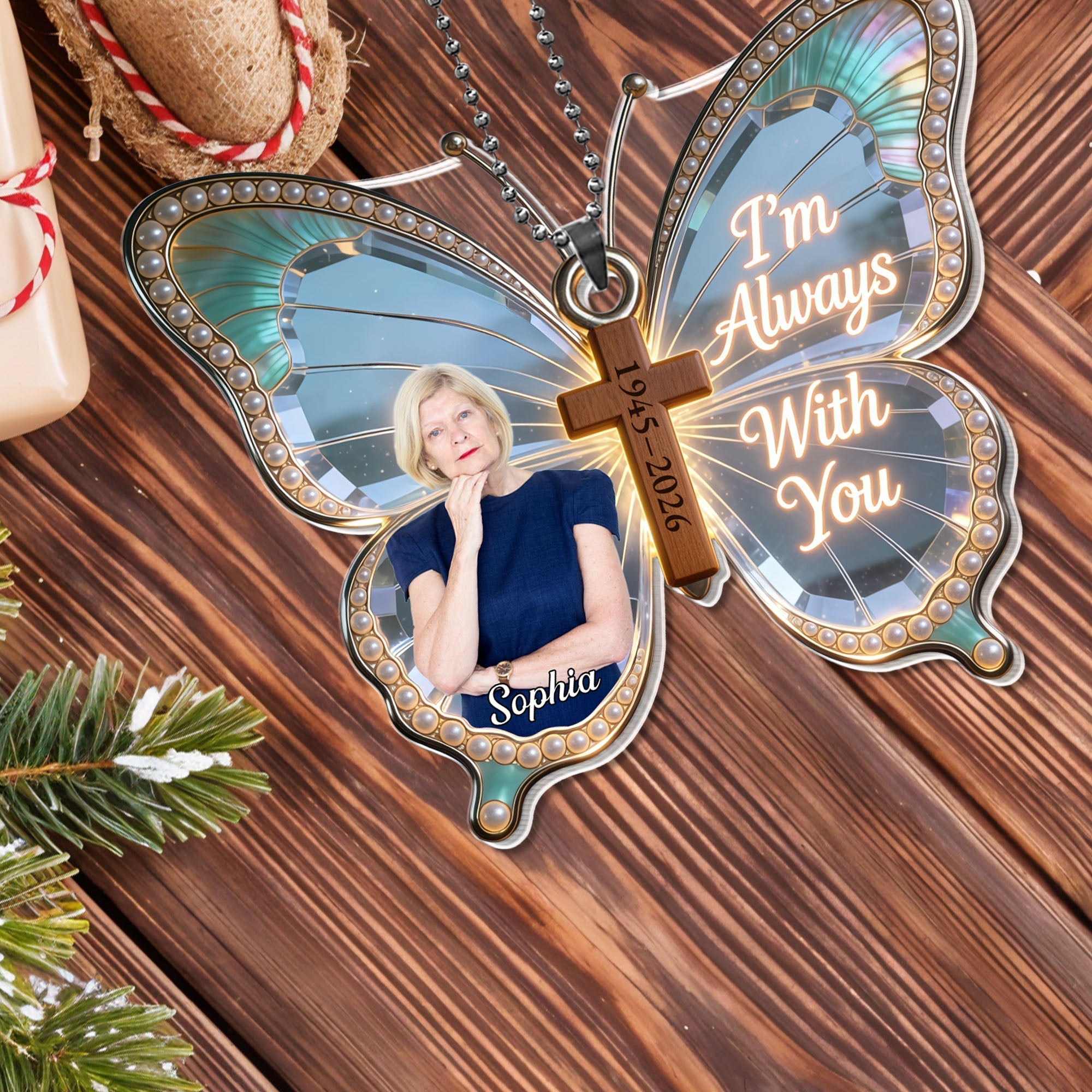 Personalized Butterfly Cross Photo Ornament Custom Gift for Family