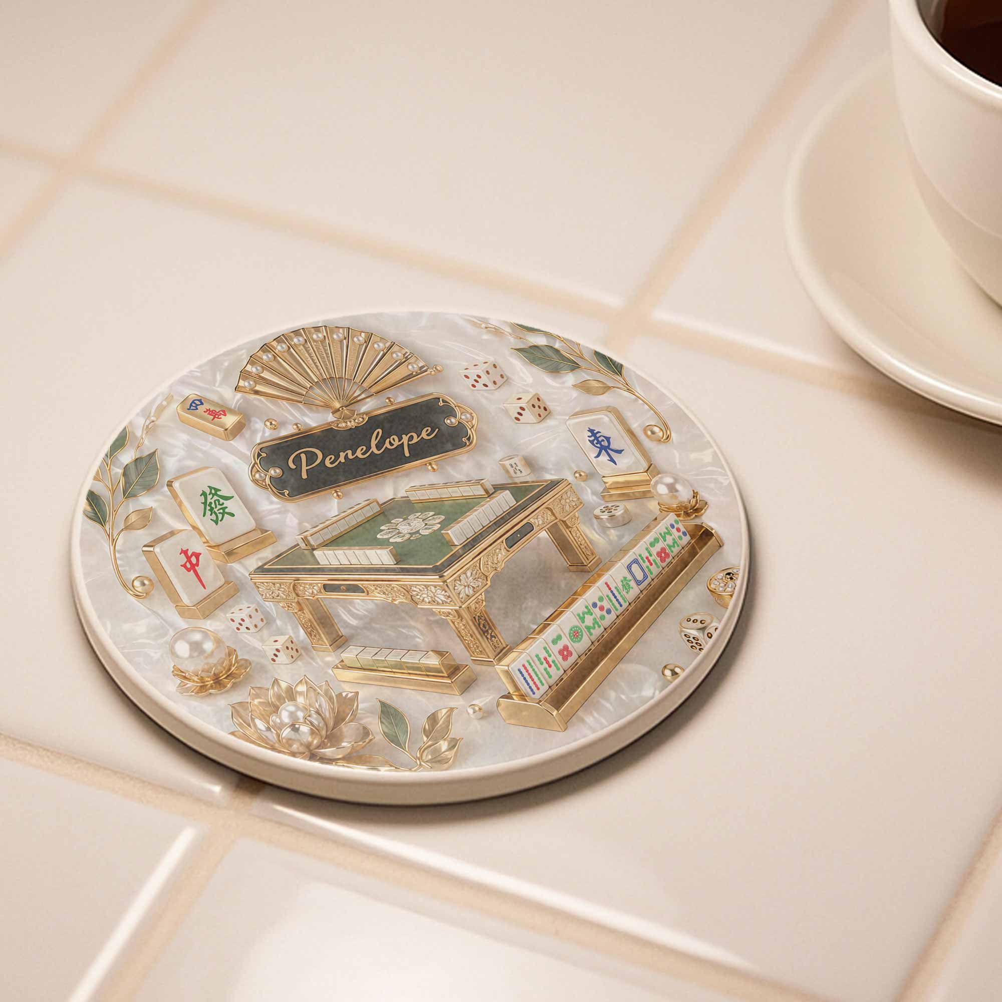 Personalized 3D Mahjong Ceramic Coaster Custom Name Gift