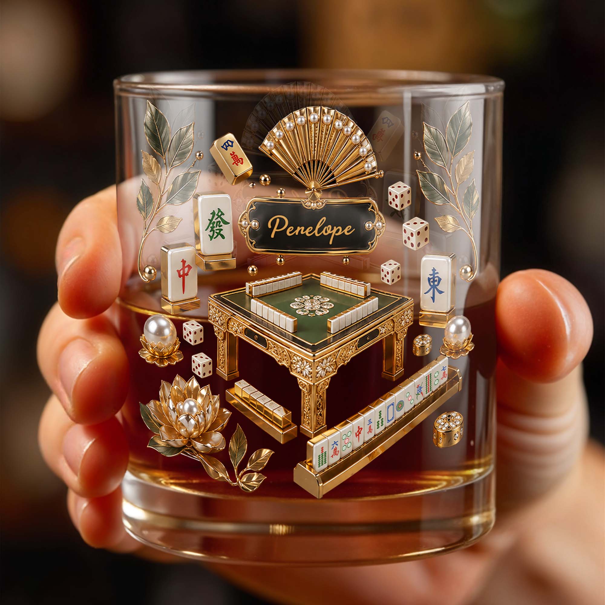 Personalized Custom Whiskey Glass with Gold Tiles for Dad