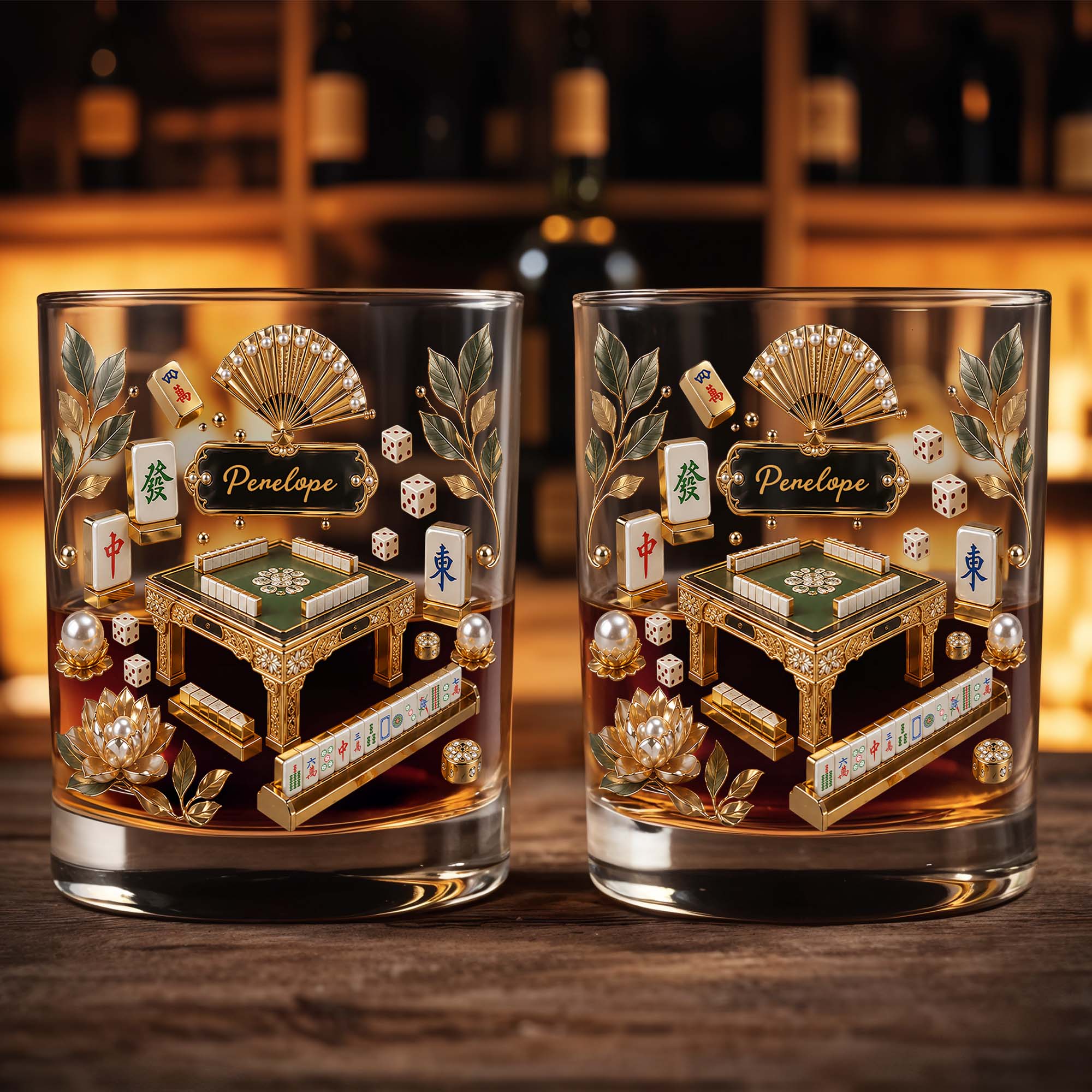 Personalized Custom Whiskey Glass with Gold Tiles for Dad