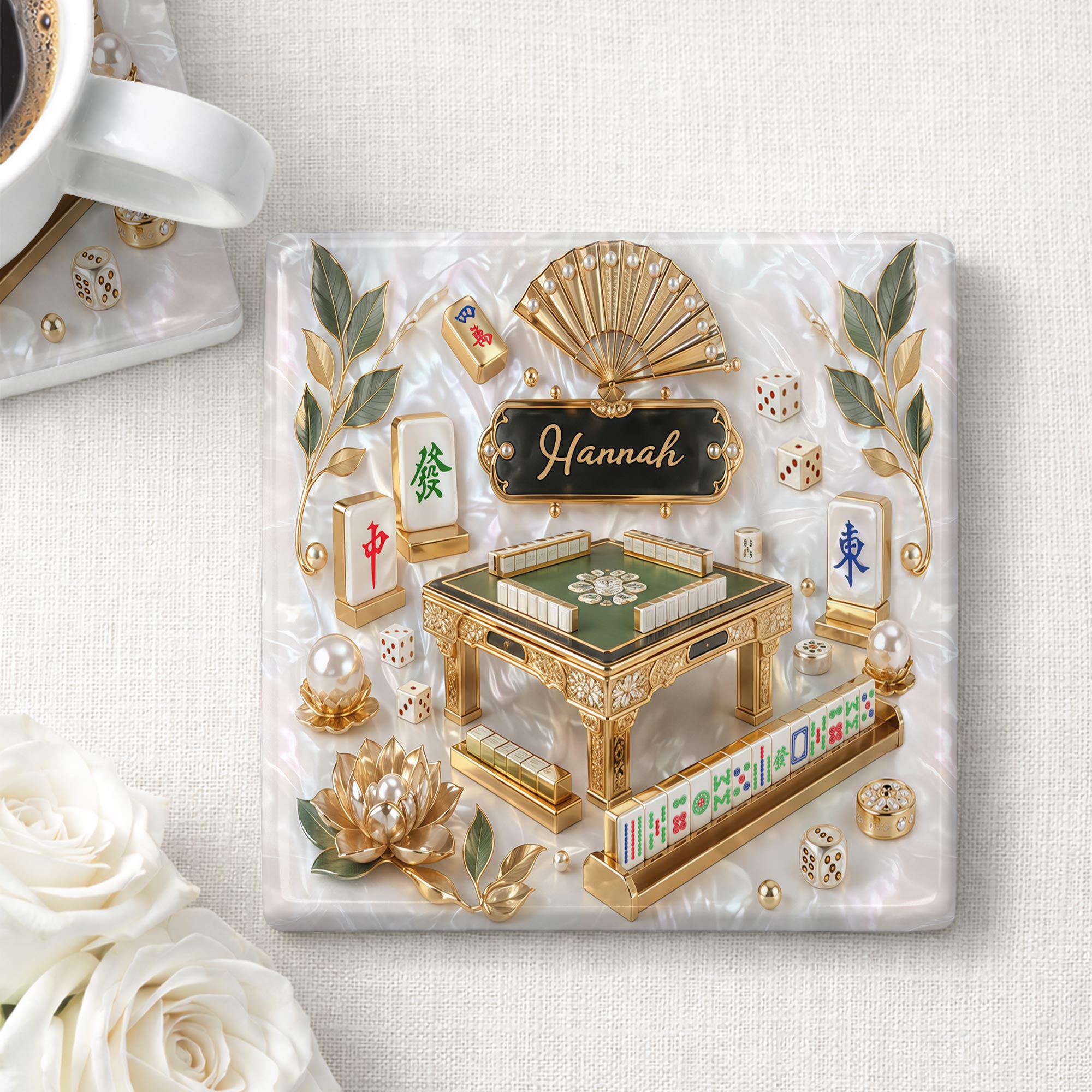 Personalized Mahjong Ceramic Coaster Custom Name Gift for Hobbyists