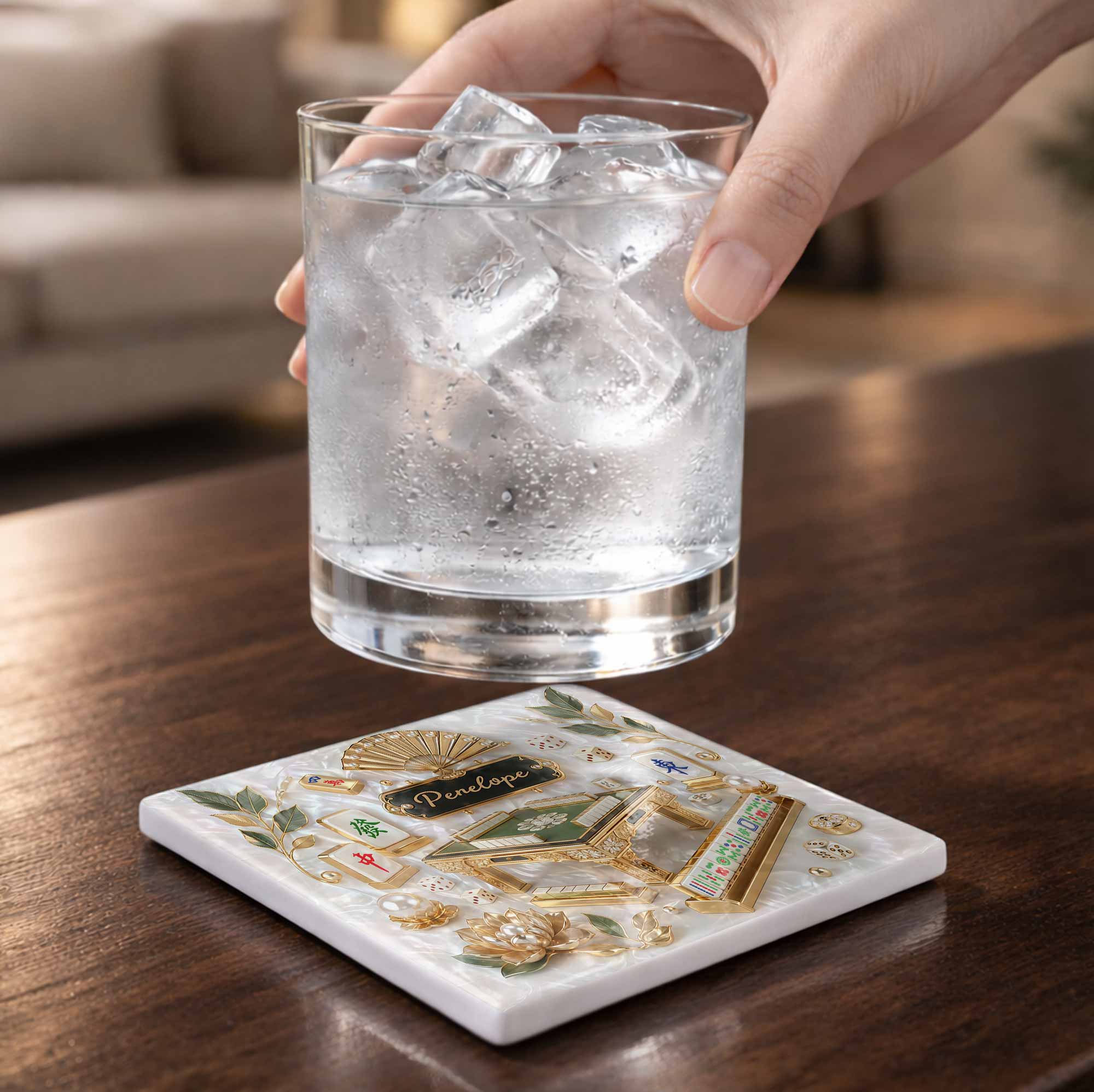 Personalized Mahjong Ceramic Coaster Custom Name Gift for Hobbyists