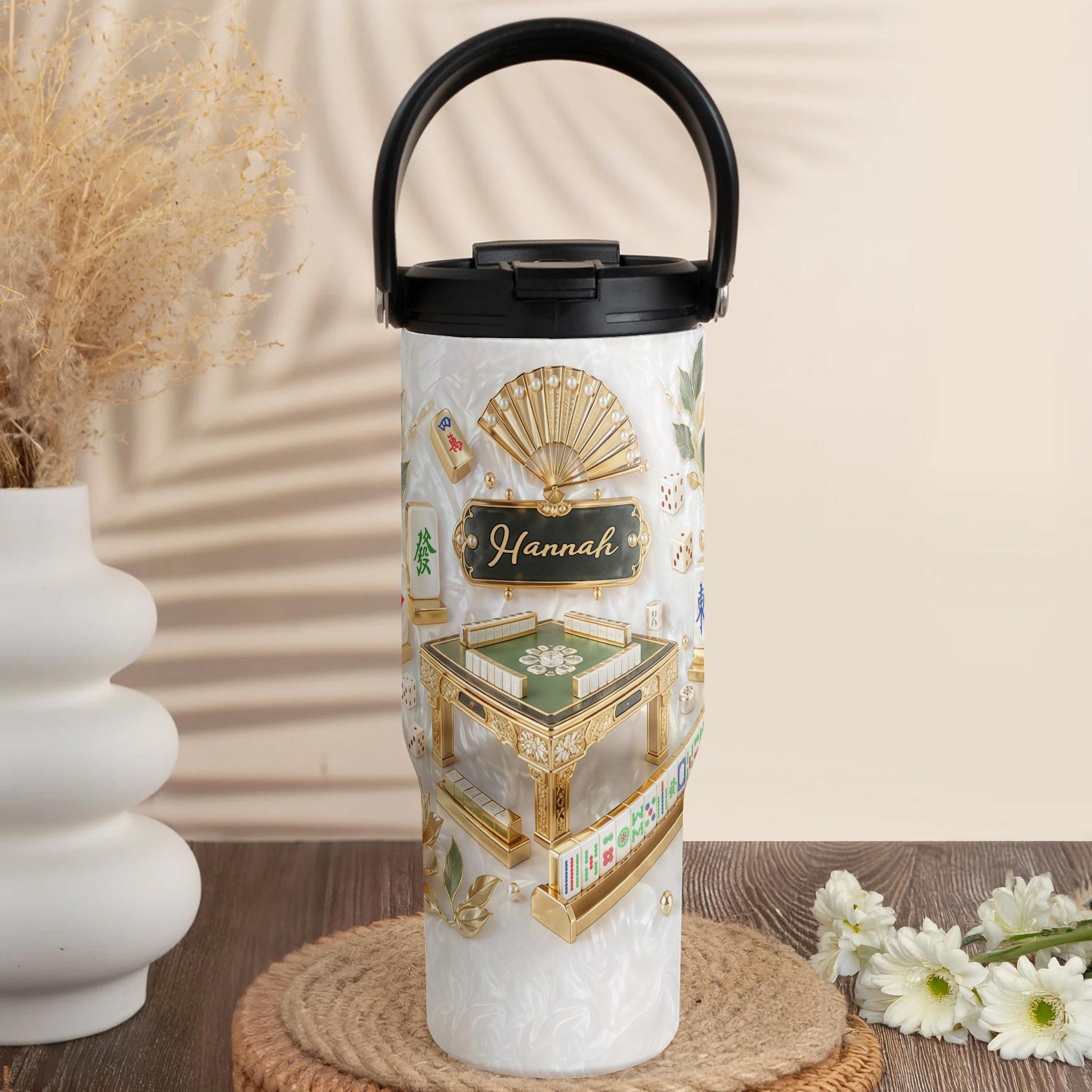 Personalized 30oz Mahjong Tumbler with Handle Gift for Game Lovers