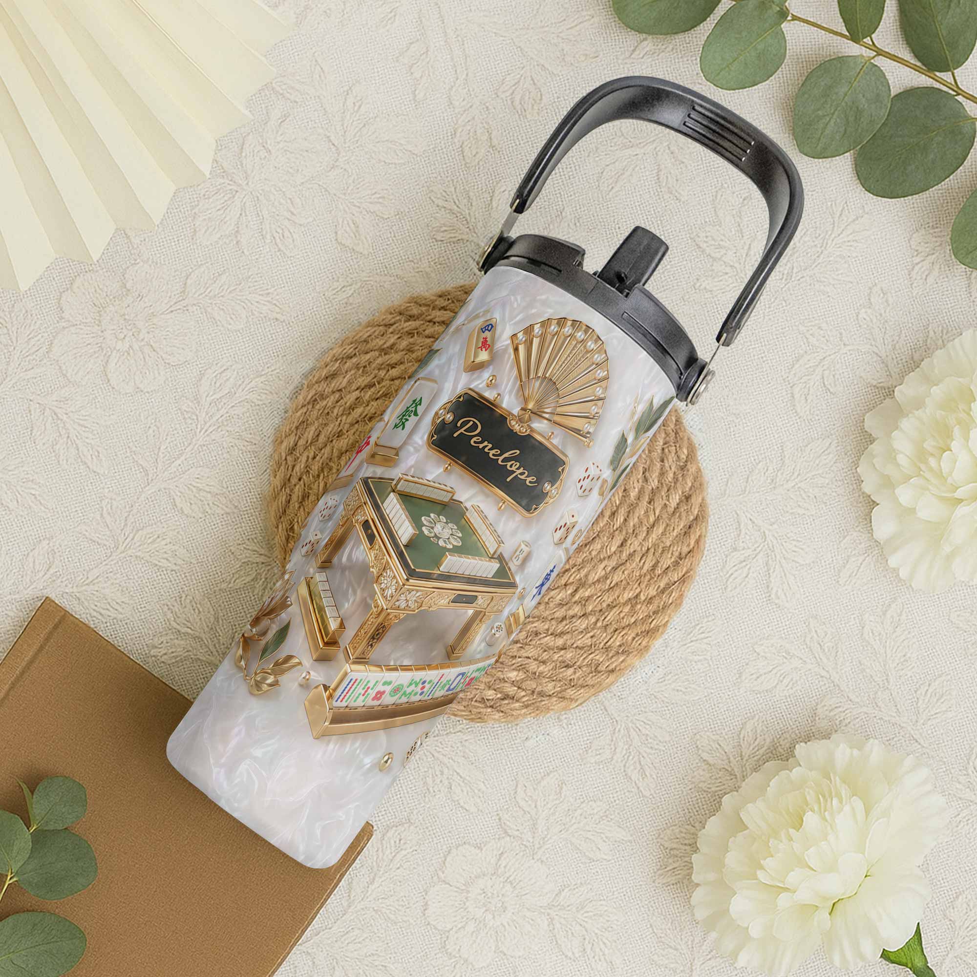 Personalized 30oz Mahjong Tumbler with Handle Gift for Game Lovers