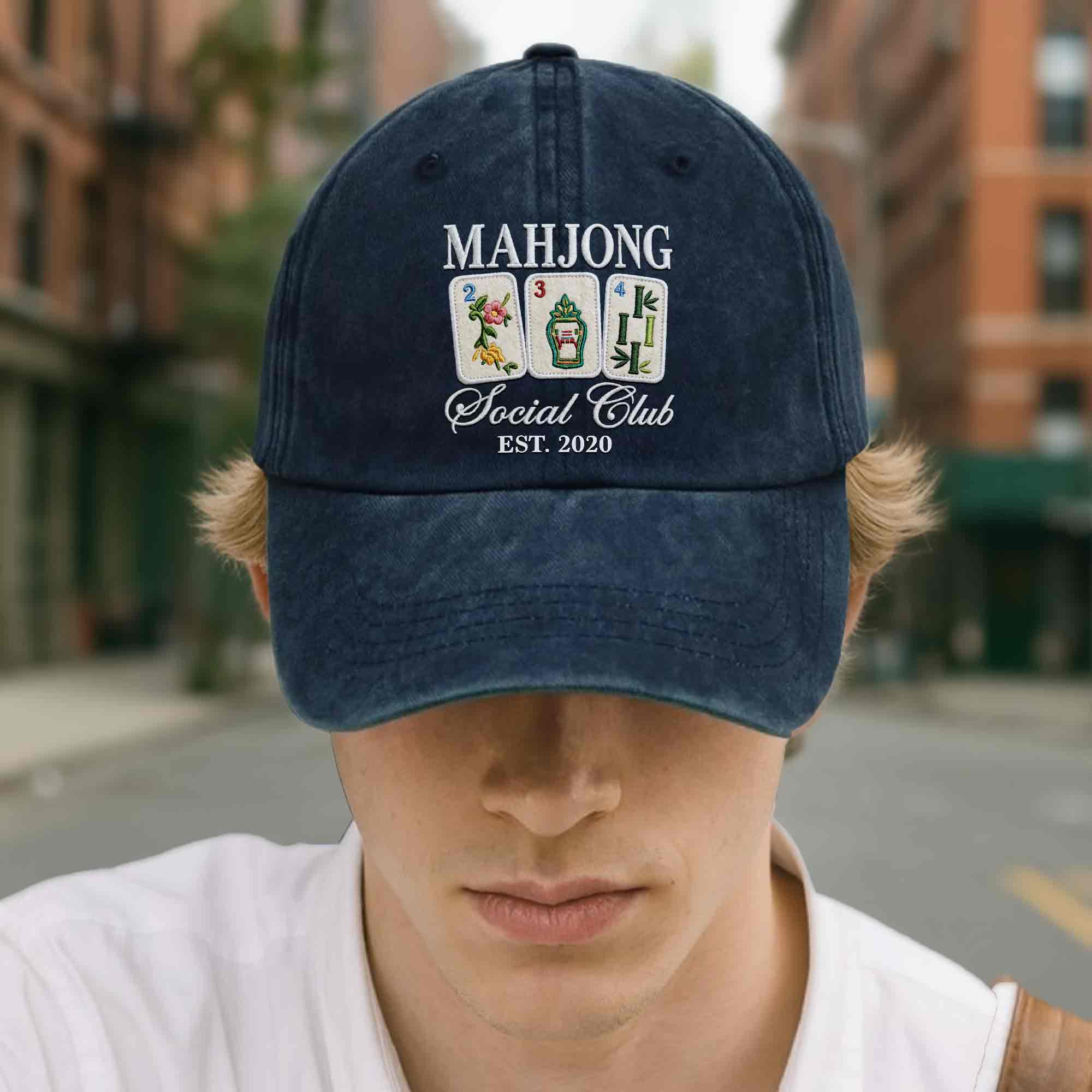 Personalized Washed Denim Cap Custom Mahjong Gift for Hobbyists