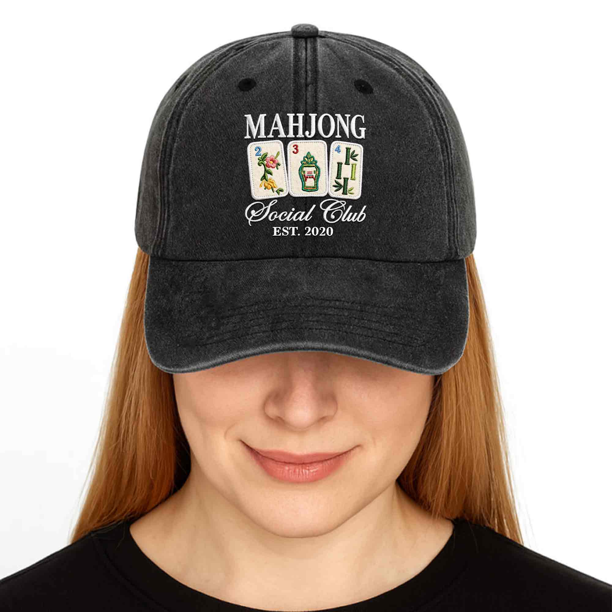 Personalized Washed Denim Cap Custom Mahjong Gift for Hobbyists