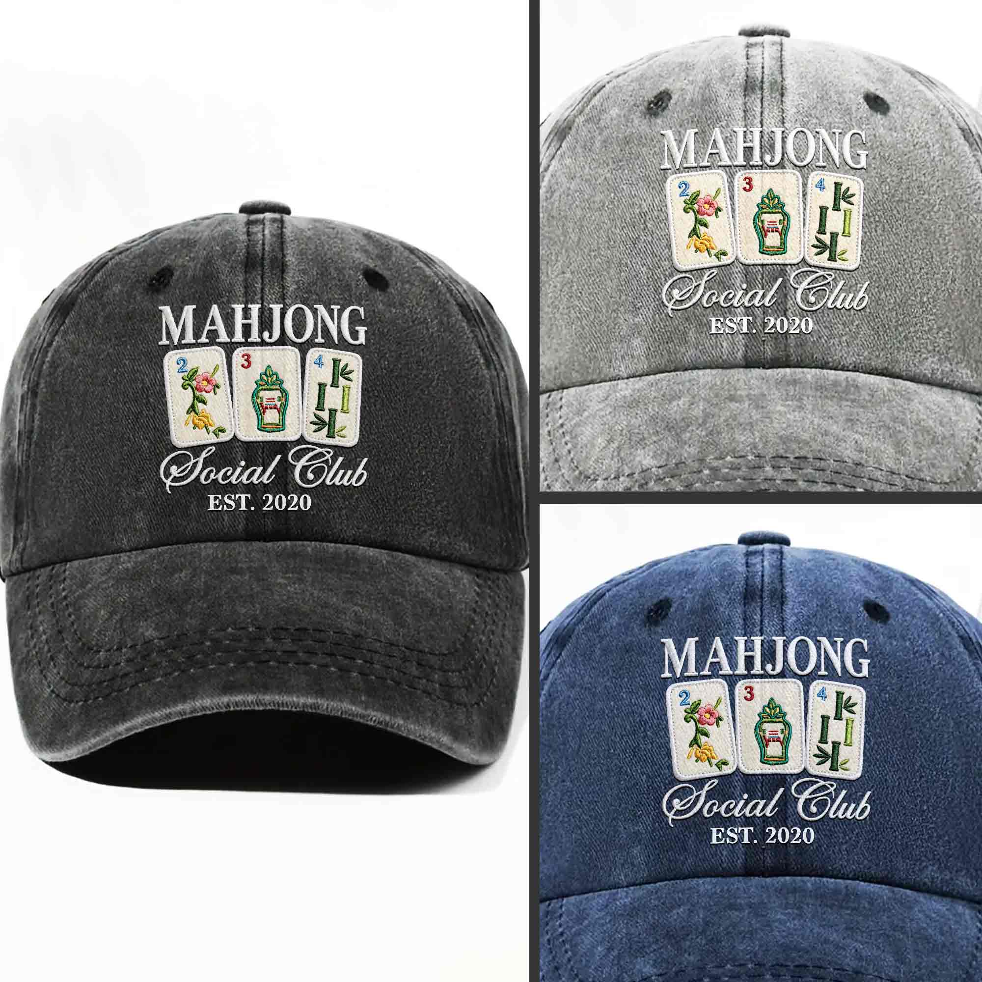 Personalized Washed Denim Cap Custom Mahjong Gift for Hobbyists