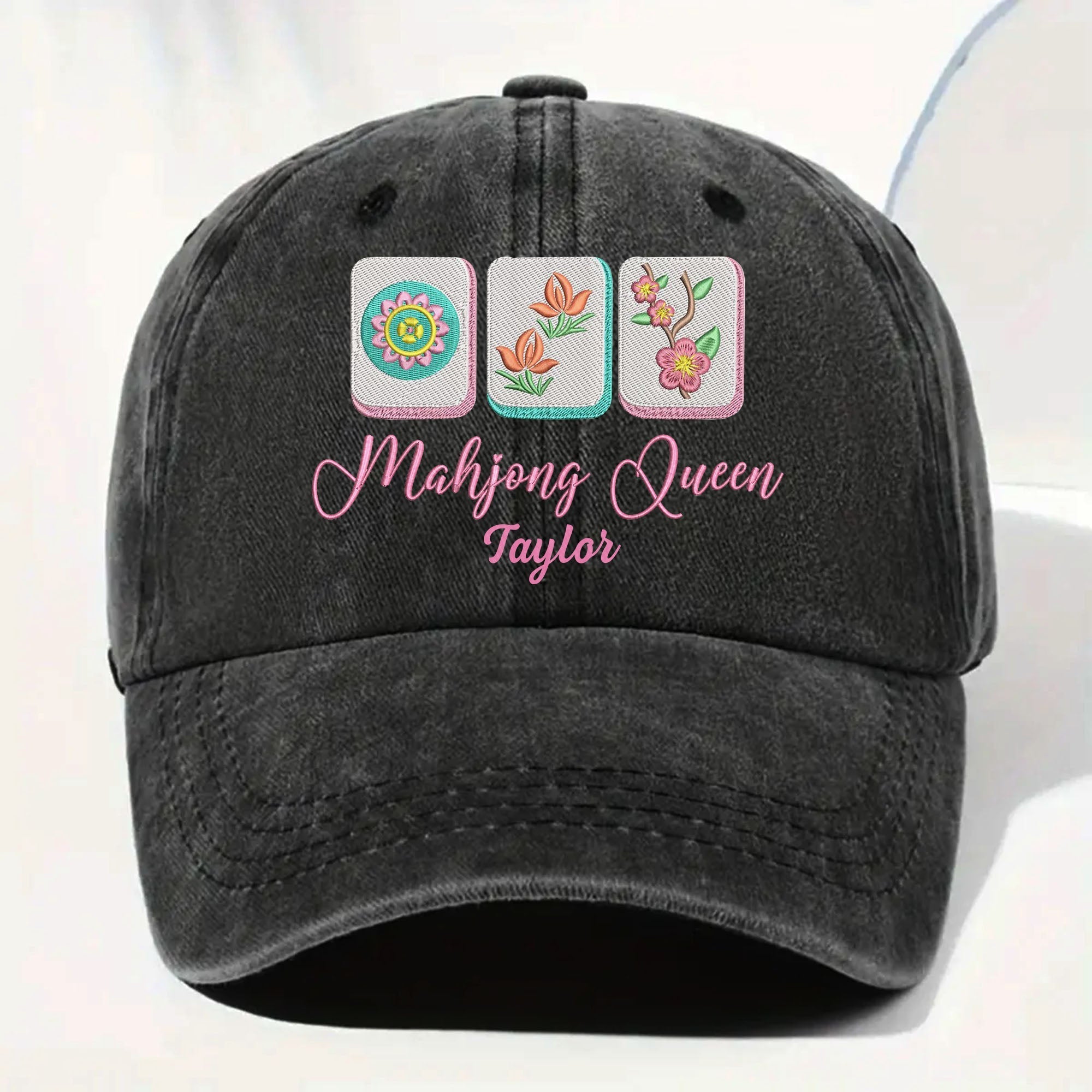 Personalized Floral Mahjong Queen Washed Denim Cap for Her