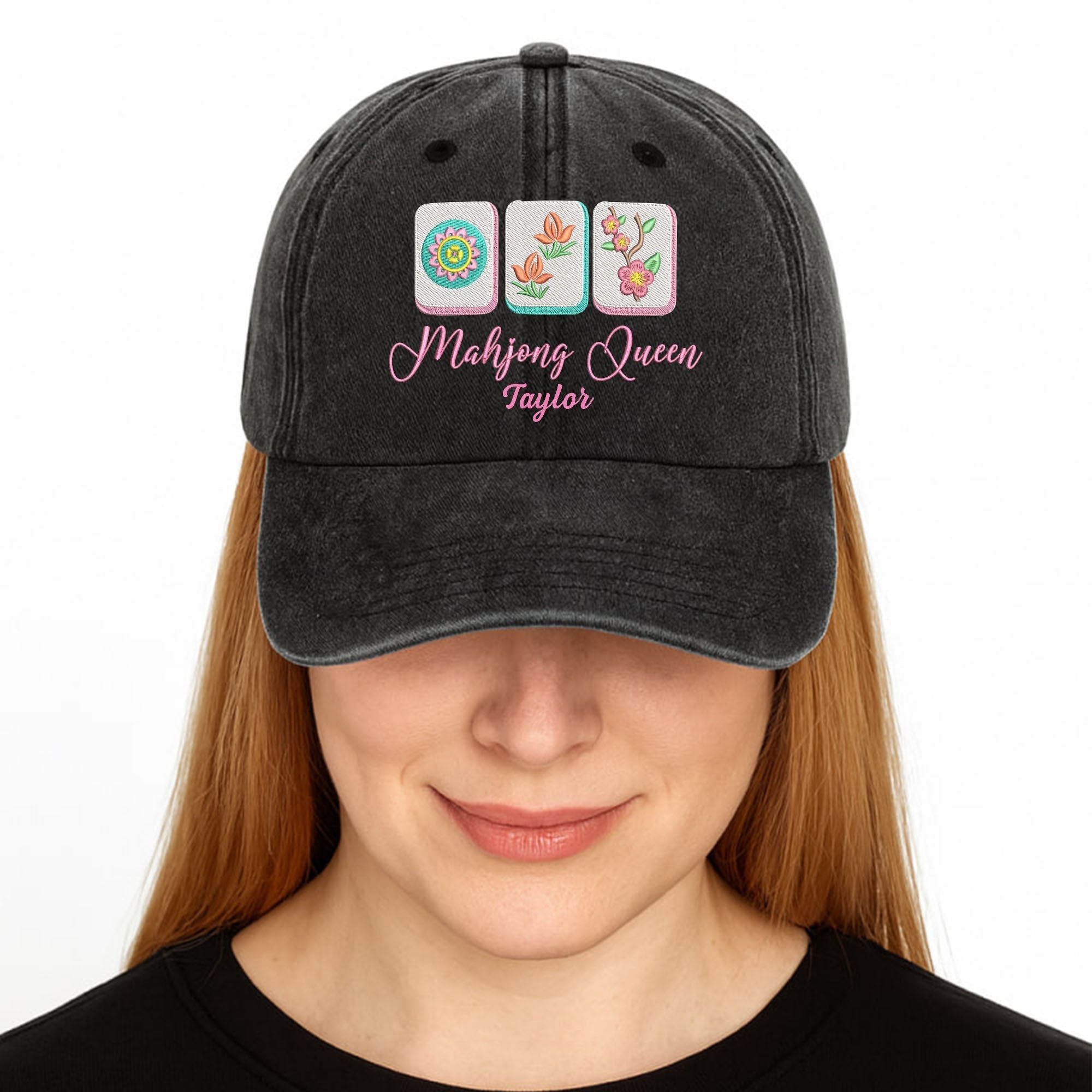 Personalized Floral Mahjong Queen Washed Denim Cap for Her