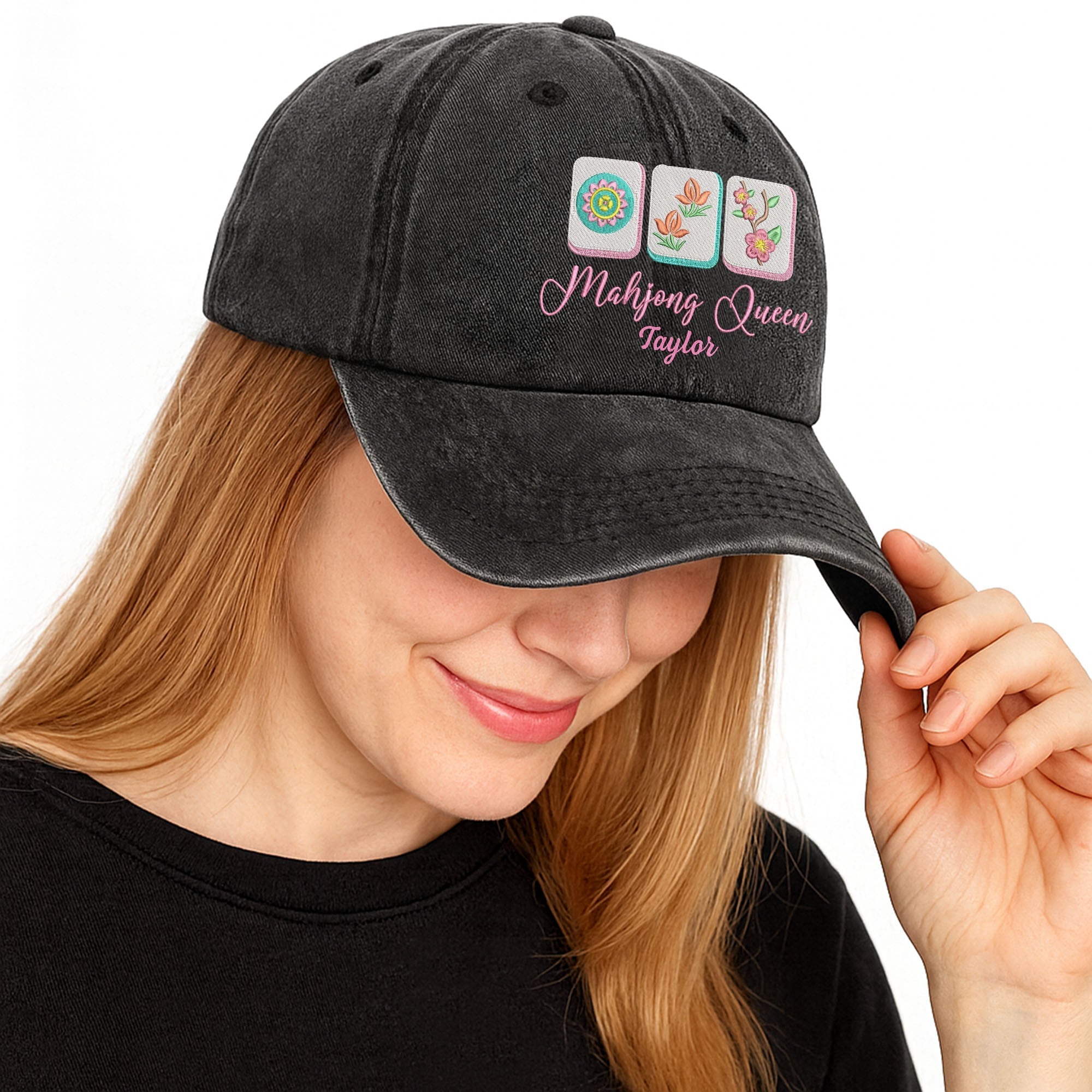 Personalized Floral Mahjong Queen Washed Denim Cap for Her