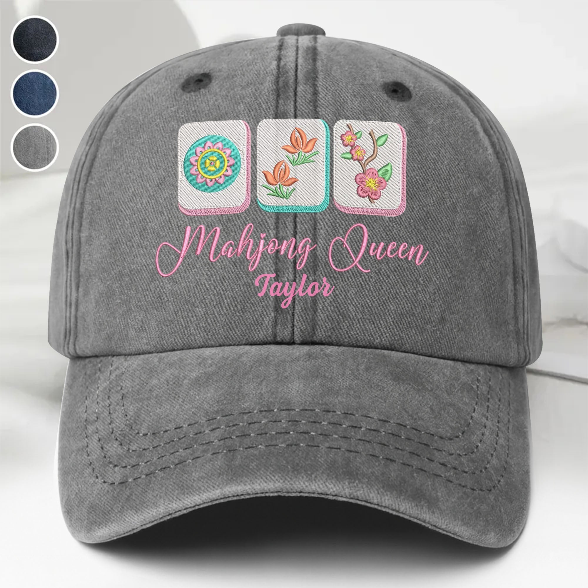Personalized Floral Mahjong Queen Washed Denim Cap for Her