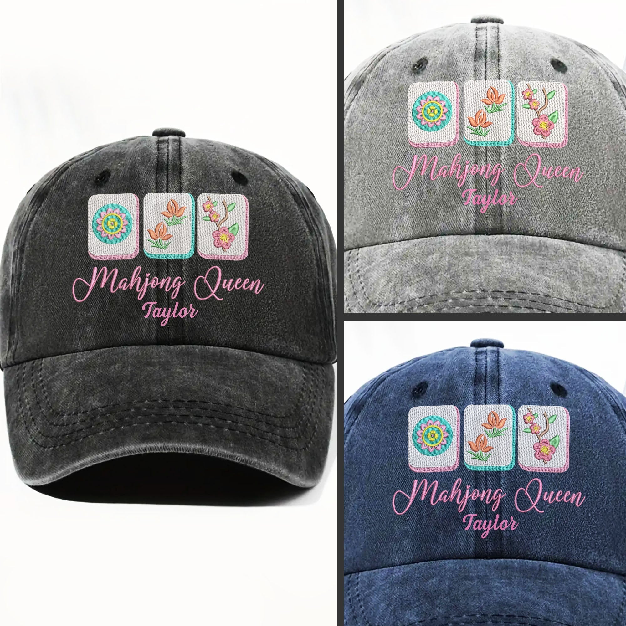 Personalized Floral Mahjong Queen Washed Denim Cap for Her