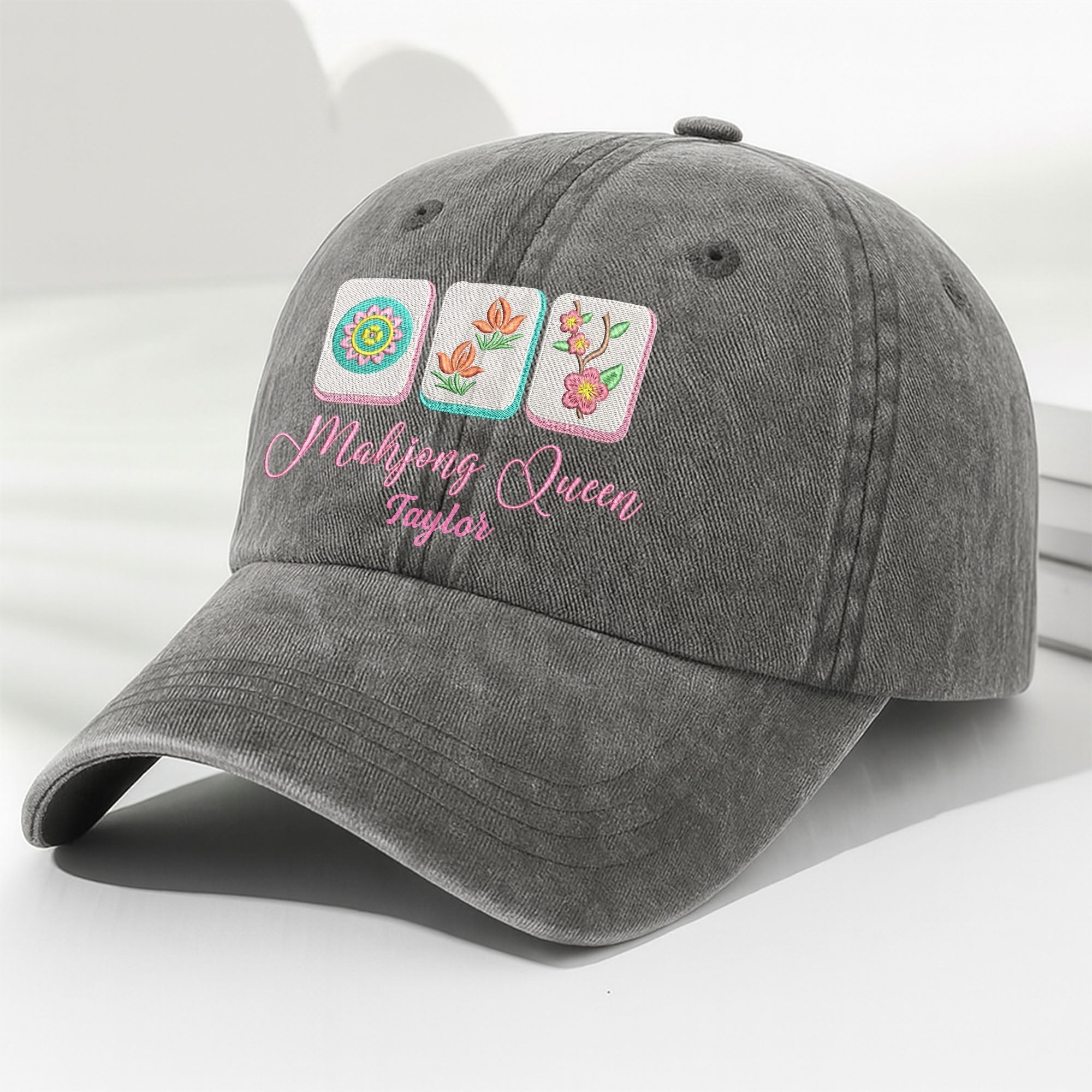 Personalized Floral Mahjong Queen Washed Denim Cap for Her