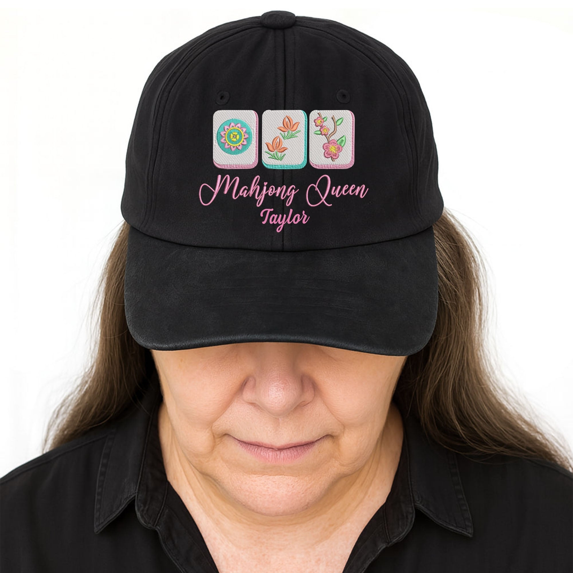 Personalized Floral Mahjong Queen Washed Denim Cap for Her