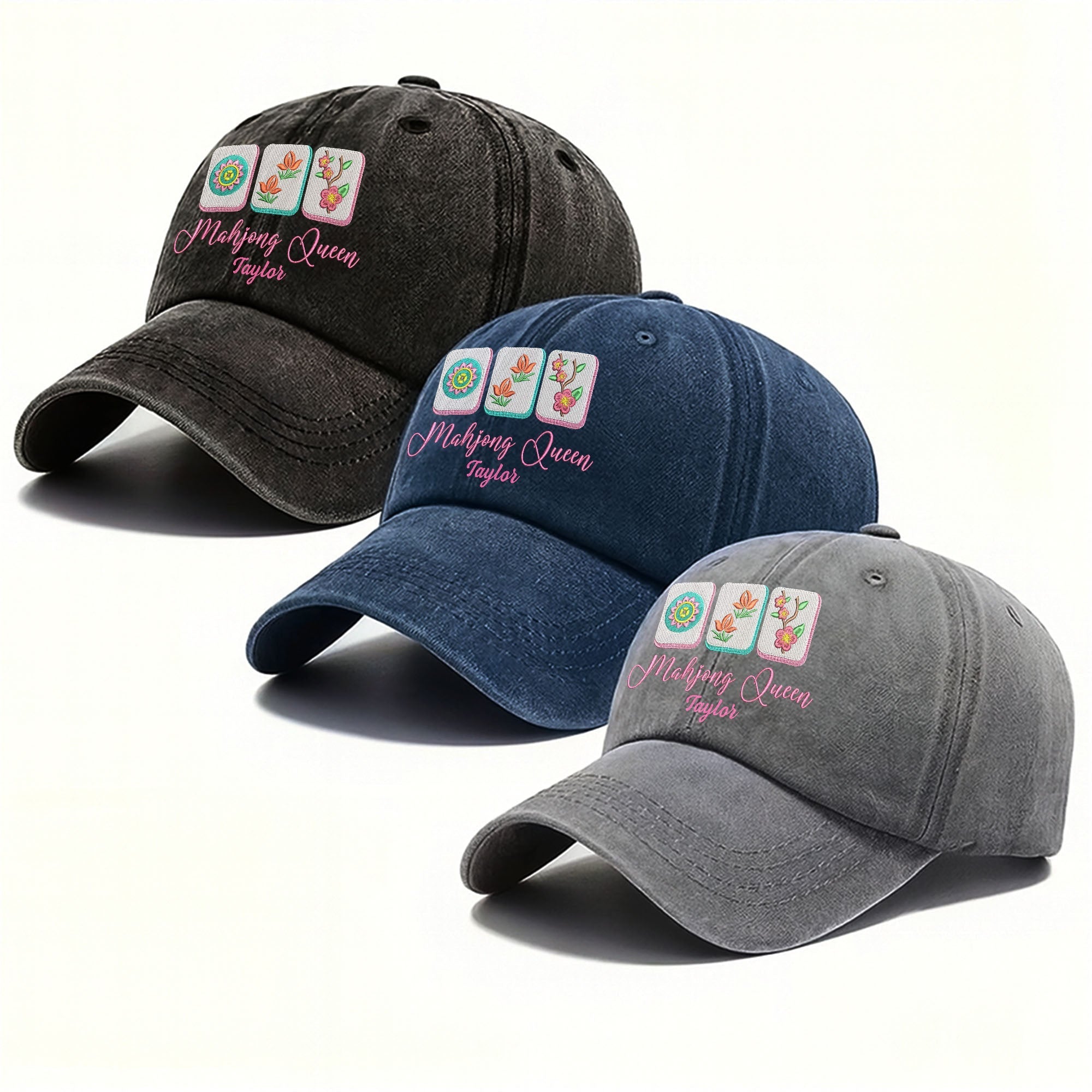 Personalized Floral Mahjong Queen Washed Denim Cap for Her