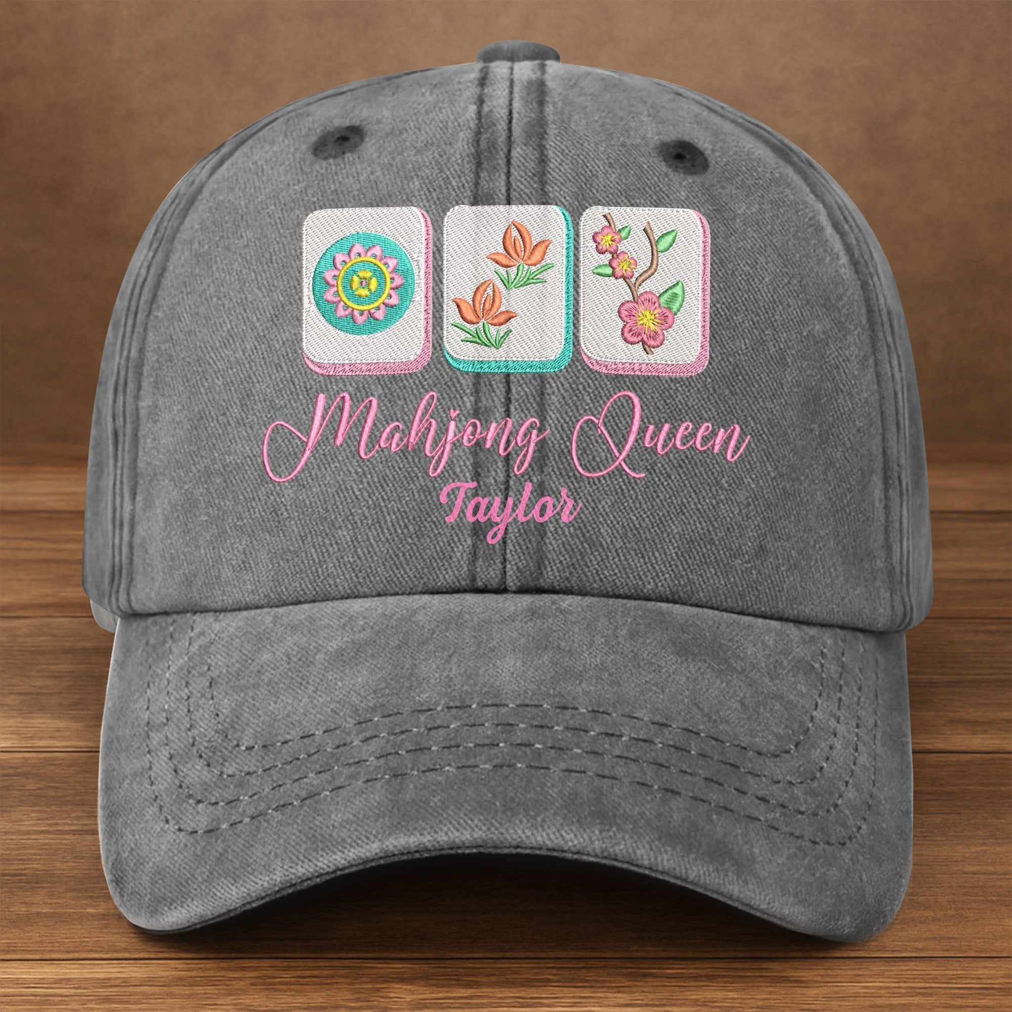 Personalized Floral Mahjong Queen Washed Denim Cap for Her