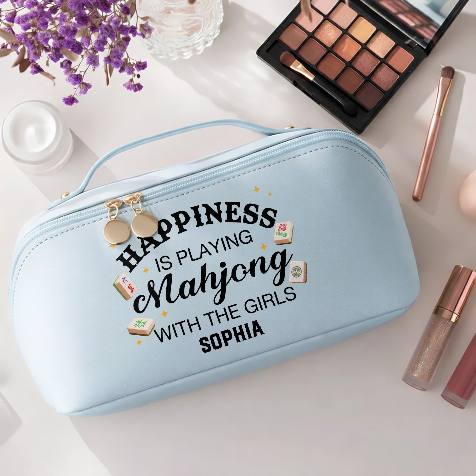 Personalized Faux Leather Makeup Bag Mahjong Gift for Her