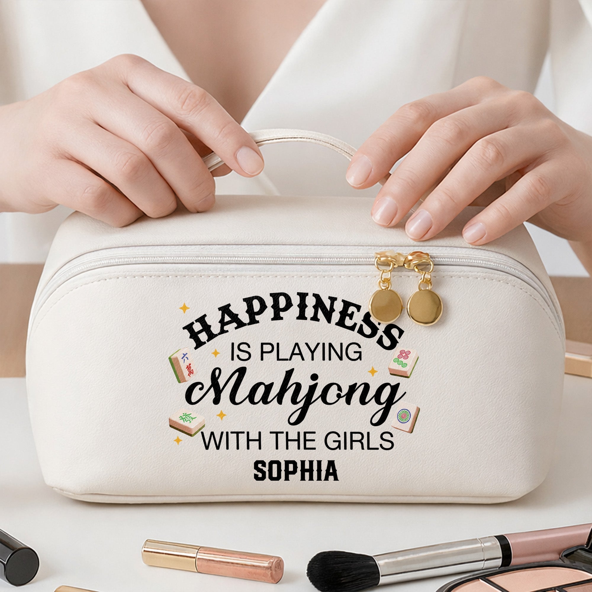 Personalized Faux Leather Makeup Bag Mahjong Gift for Her