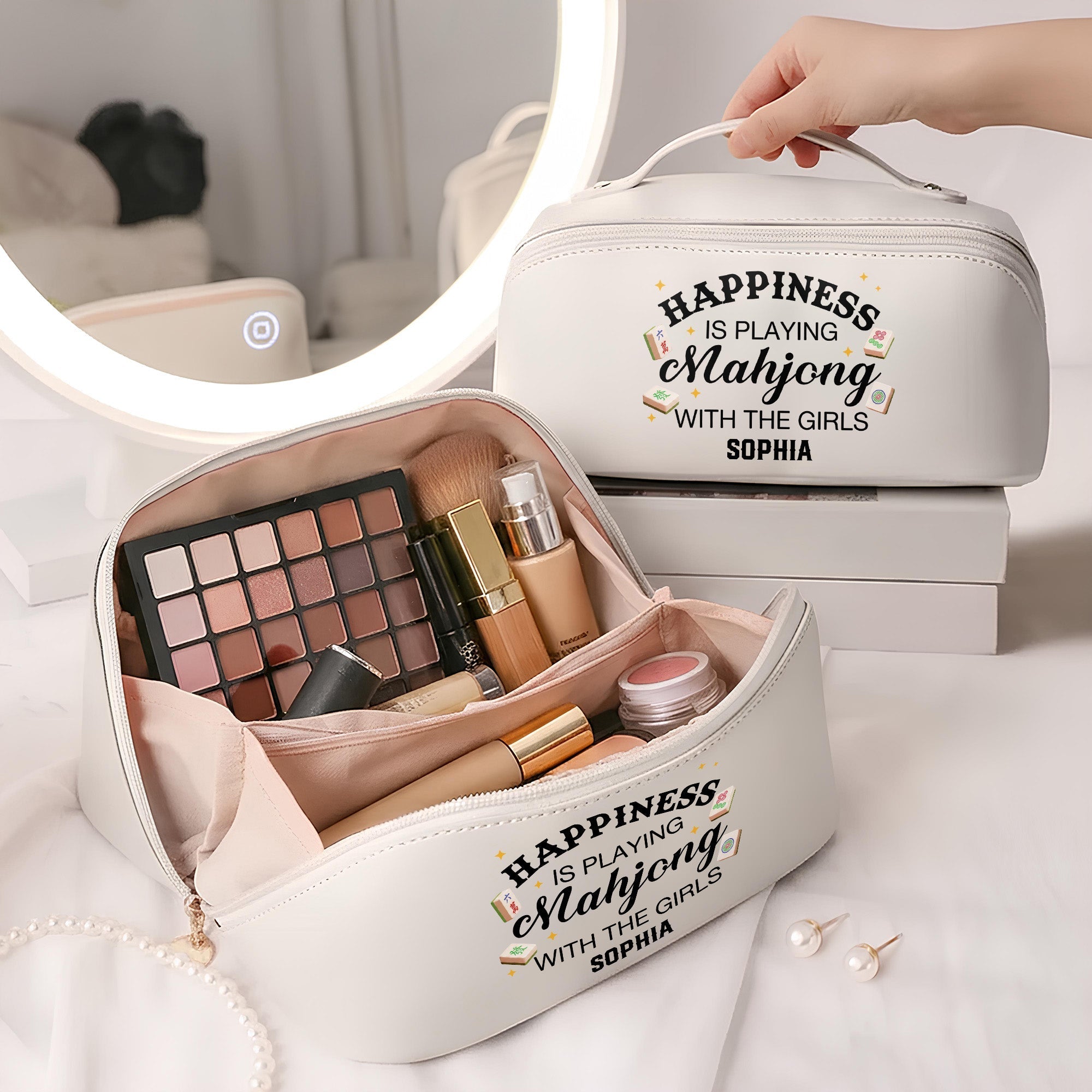 Personalized Faux Leather Makeup Bag Mahjong Gift for Her