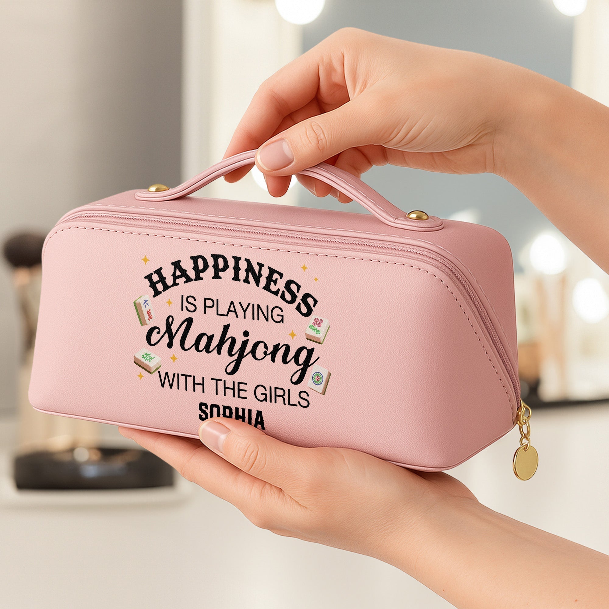 Personalized Faux Leather Makeup Bag Mahjong Gift for Her