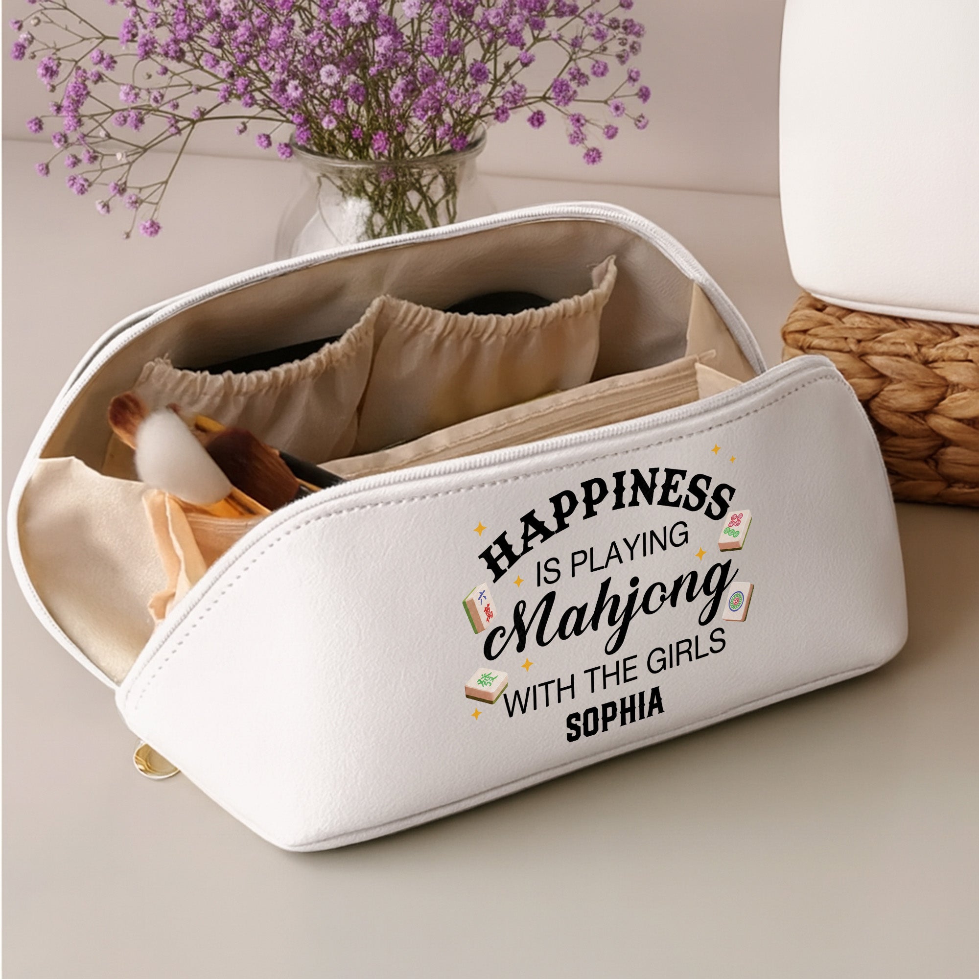 Personalized Faux Leather Makeup Bag Mahjong Gift for Her