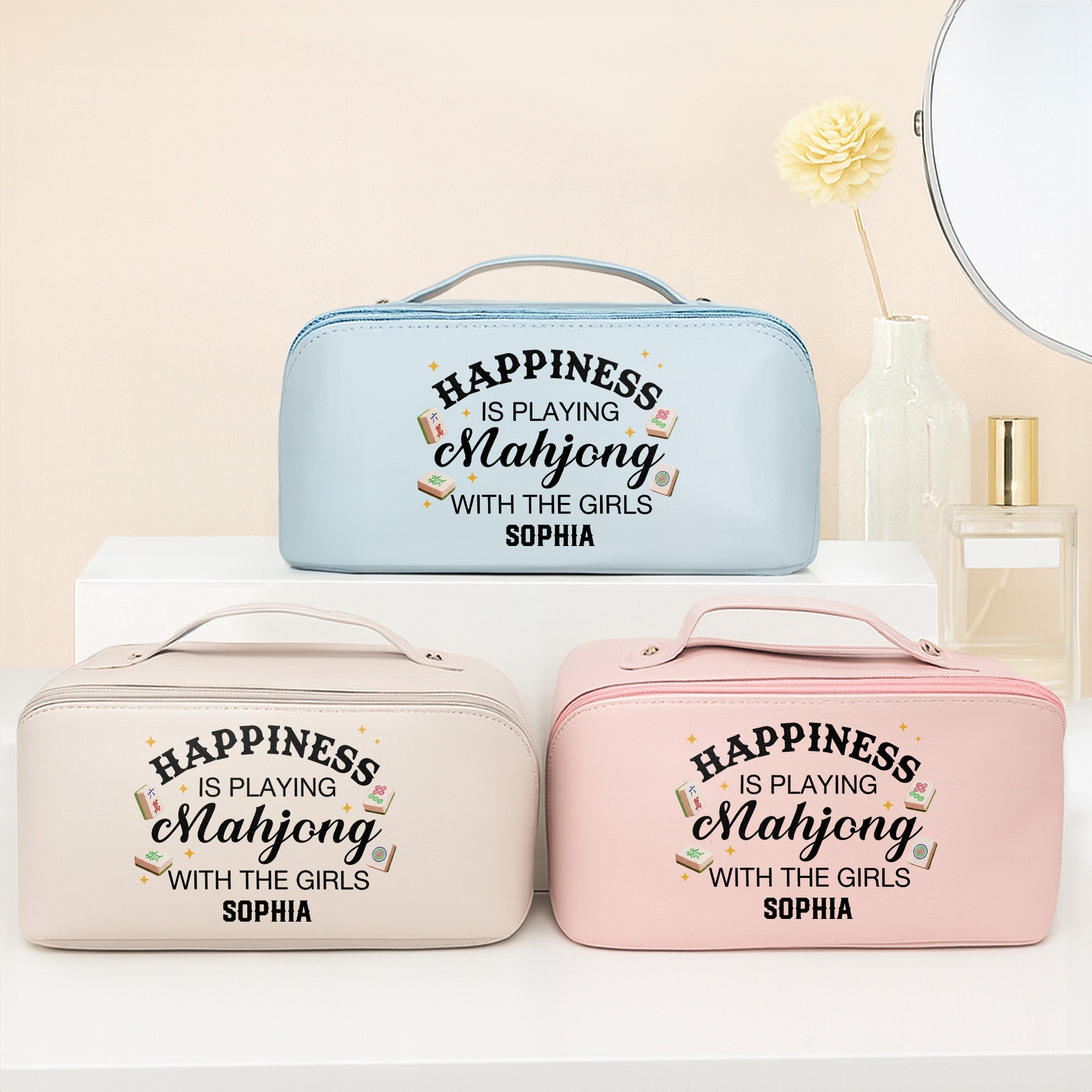 Personalized Faux Leather Makeup Bag Mahjong Gift for Her