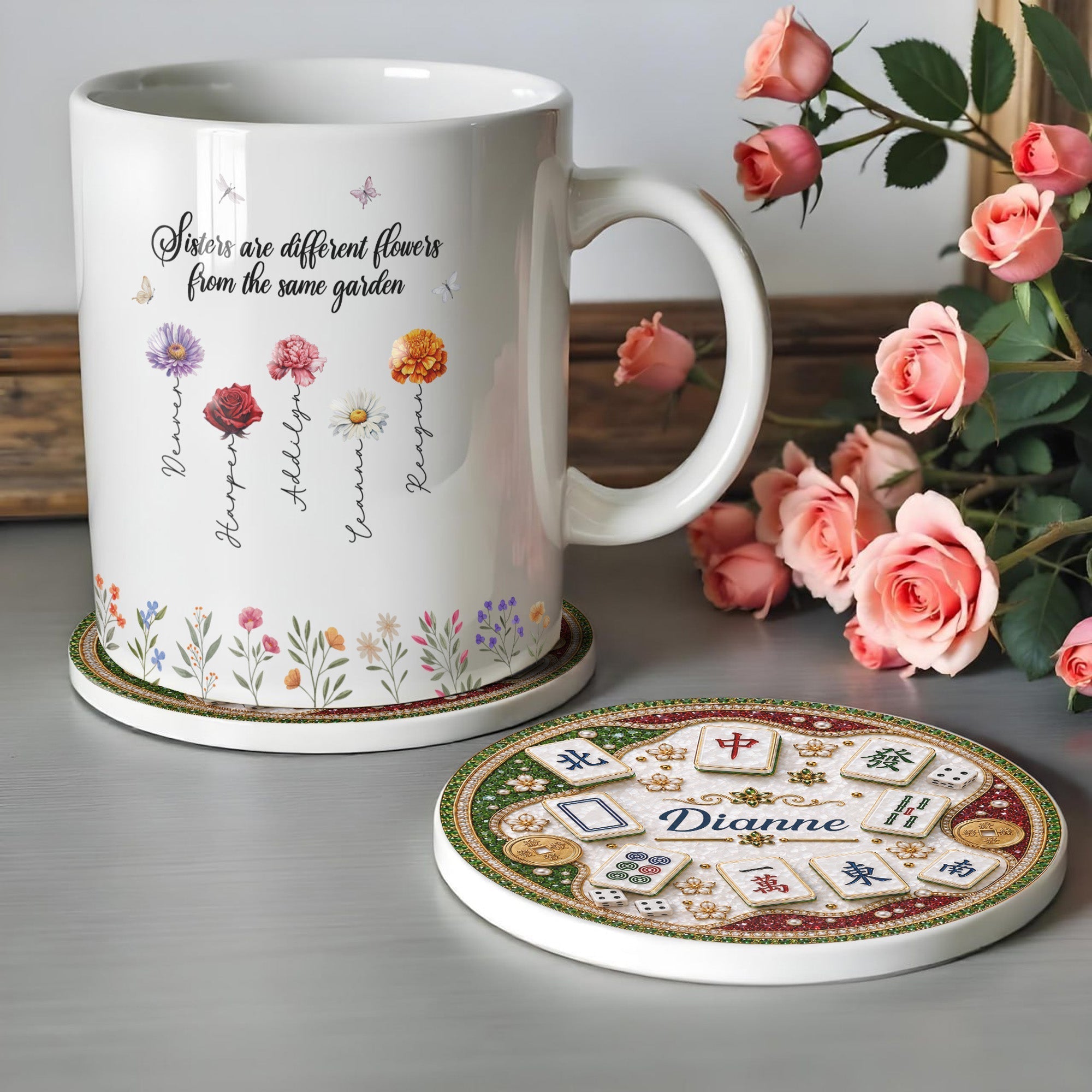 Personalized Mahjong Tiles Coaster Custom Name Gift for Mom