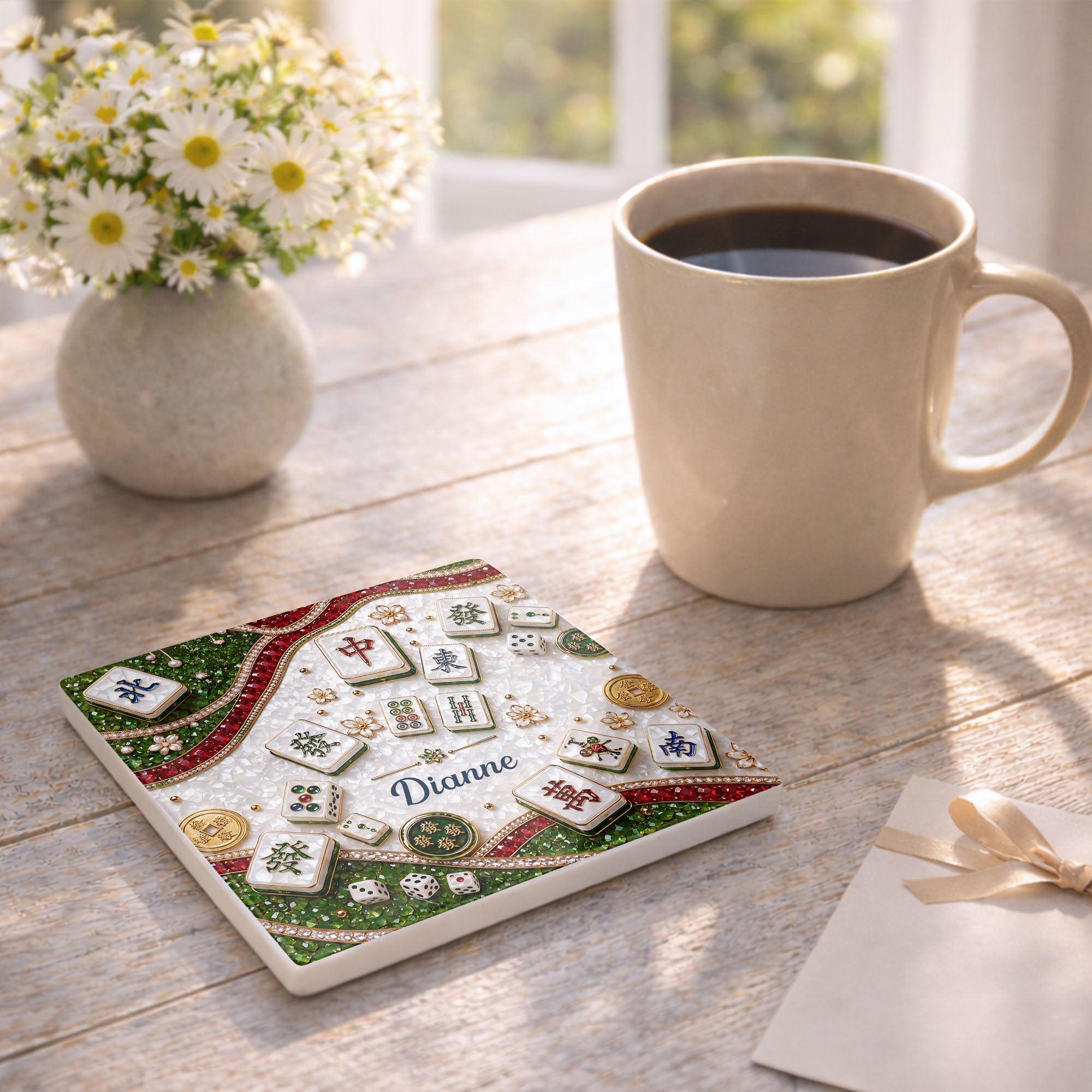 Personalized Mahjong Coaster Custom Name Square Ceramic Gift