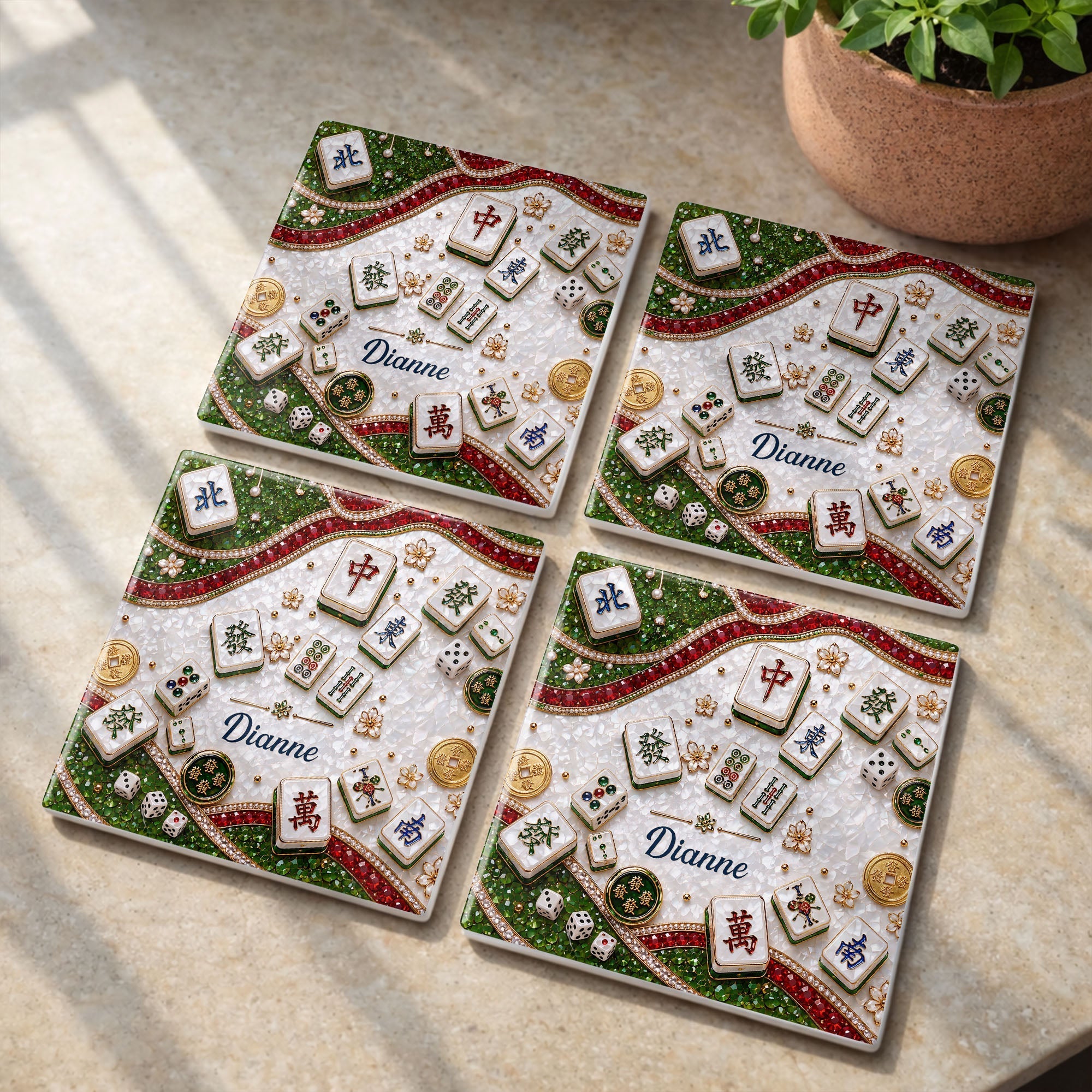 Personalized Mahjong Coaster Custom Name Square Ceramic Gift