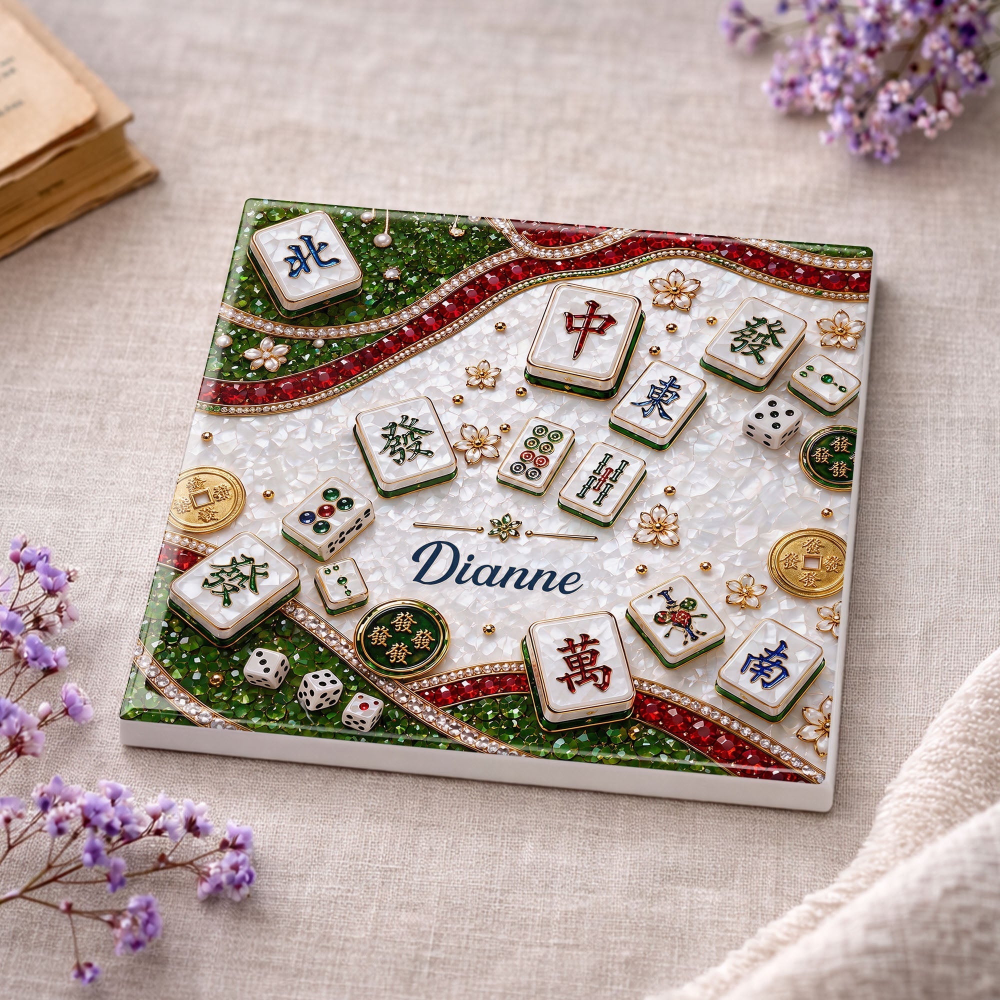 Personalized Mahjong Coaster Custom Name Square Ceramic Gift