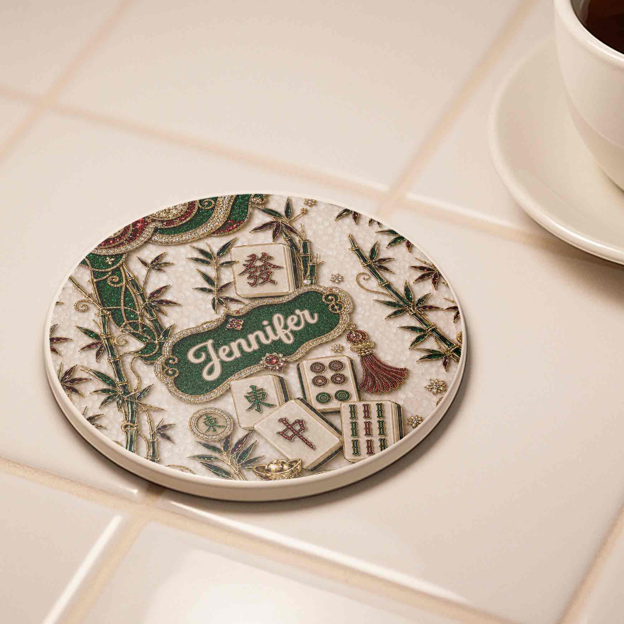 Personalized Mahjong Lover's Ceramic Coaster Custom Name Gift