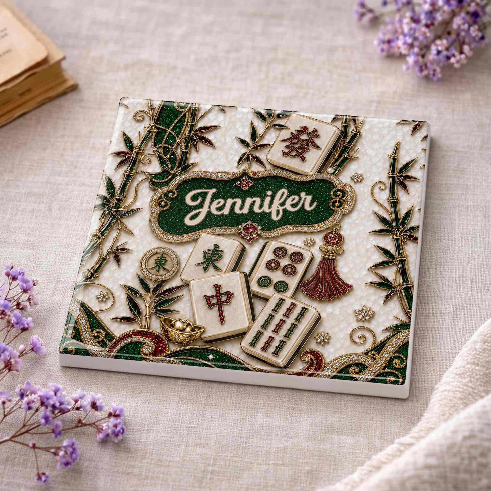 Personalized Mahjong Game Night Ceramic Coaster Custom Design Gift